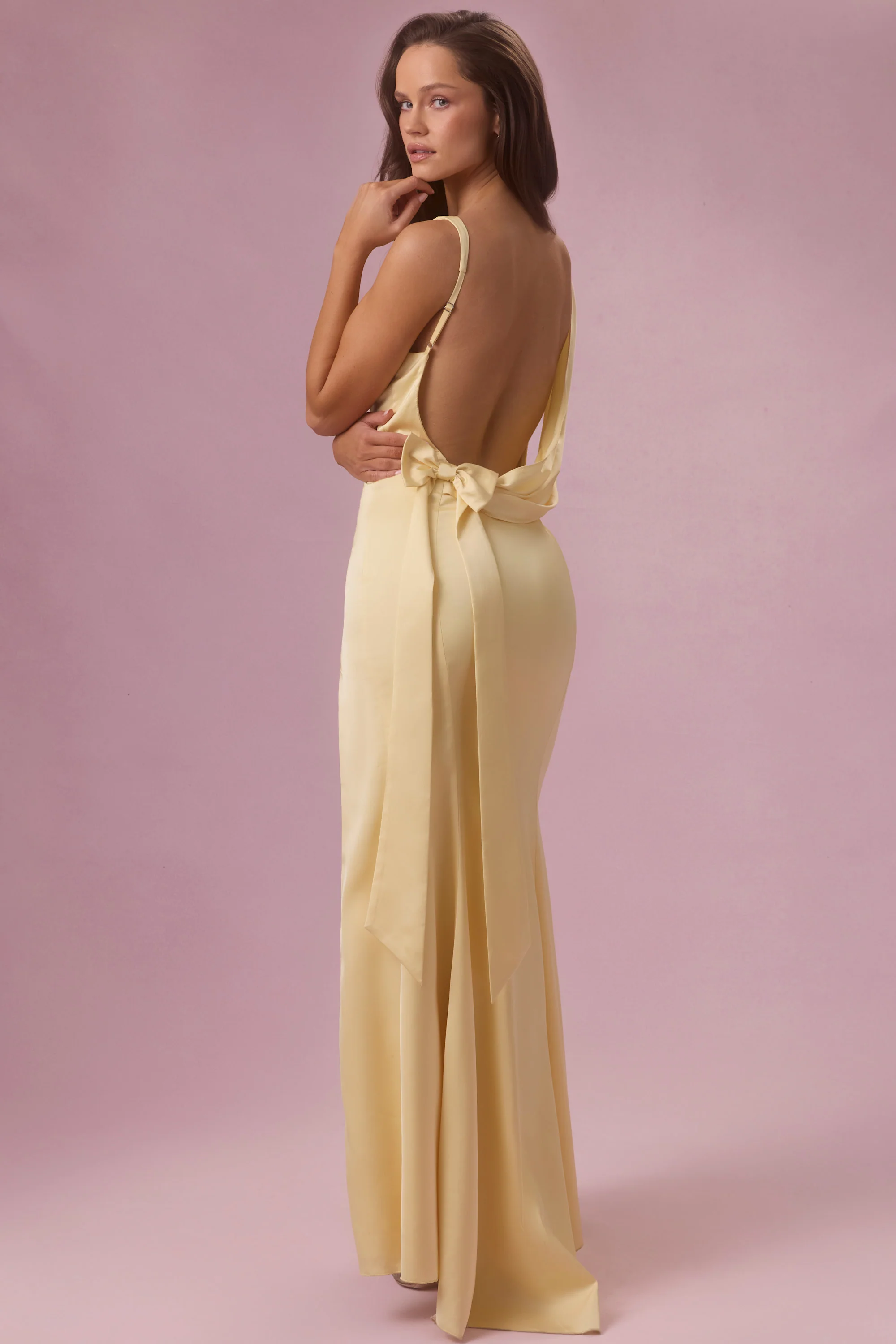 Satin Draped Bridesmaid Dress in Butter Yellow - Image 7