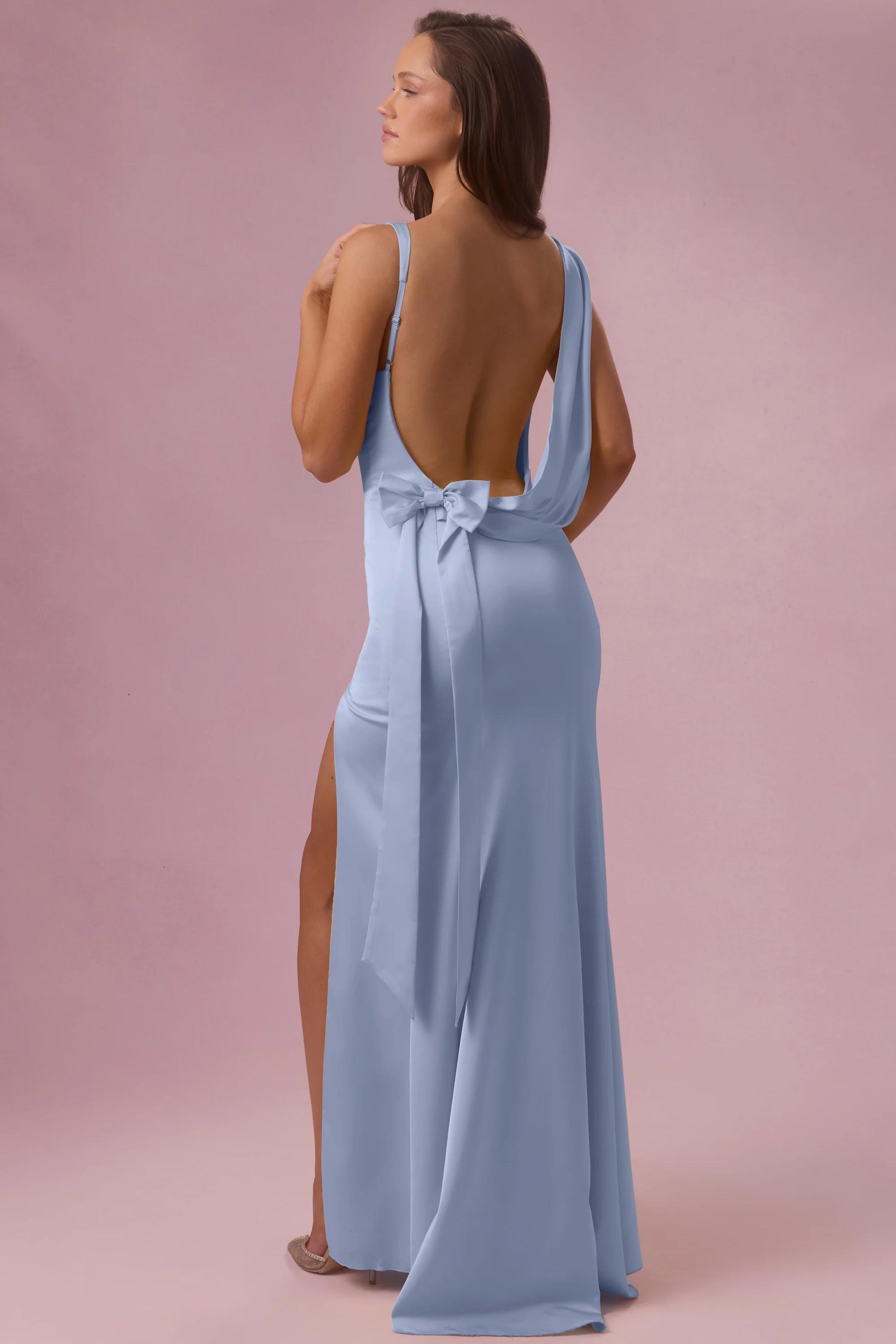 Satin Draped Bridesmaid Dress in Powder Blue - Image 8