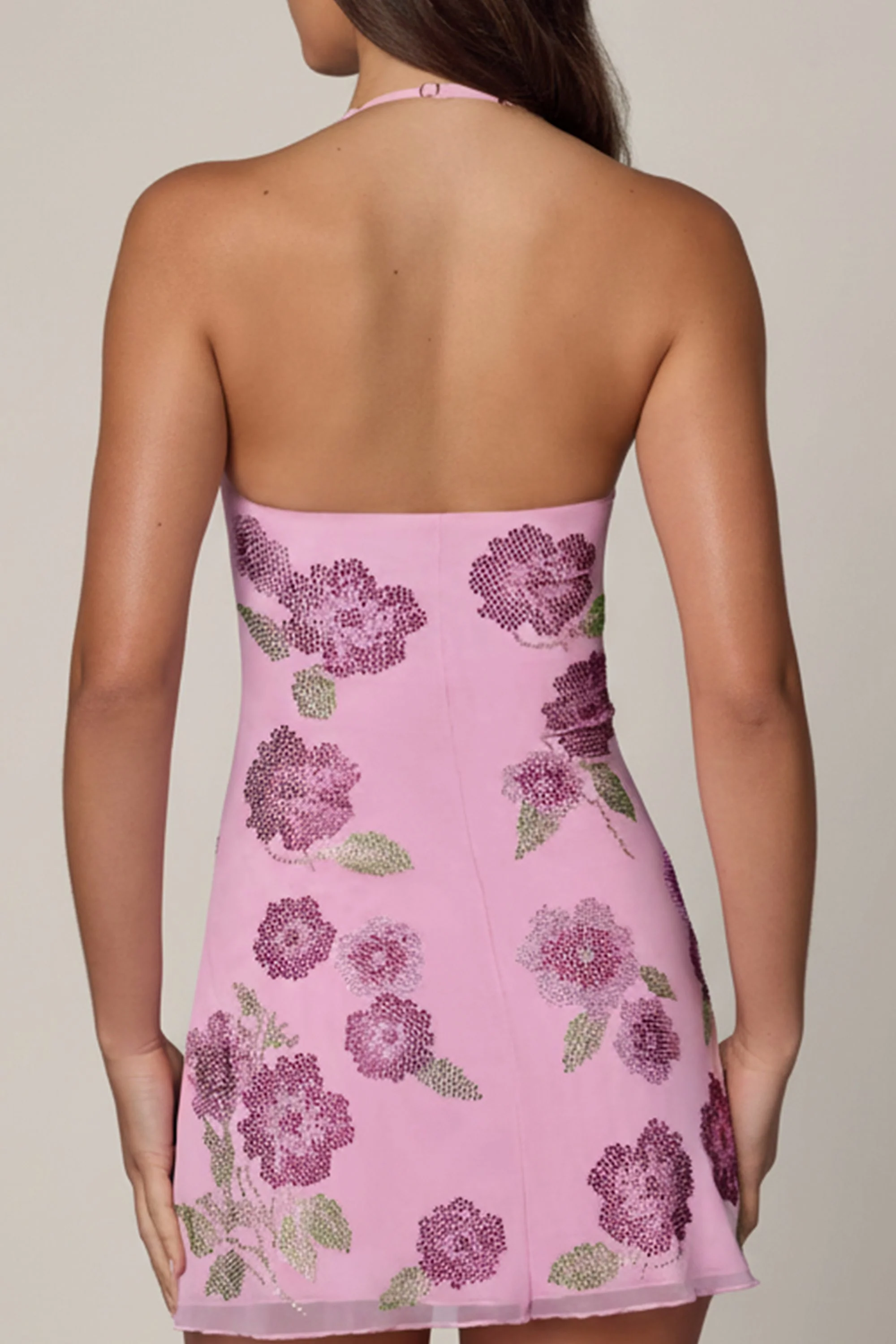 Embellished Halterneck Mini Dress in Soft Pink - Image 2