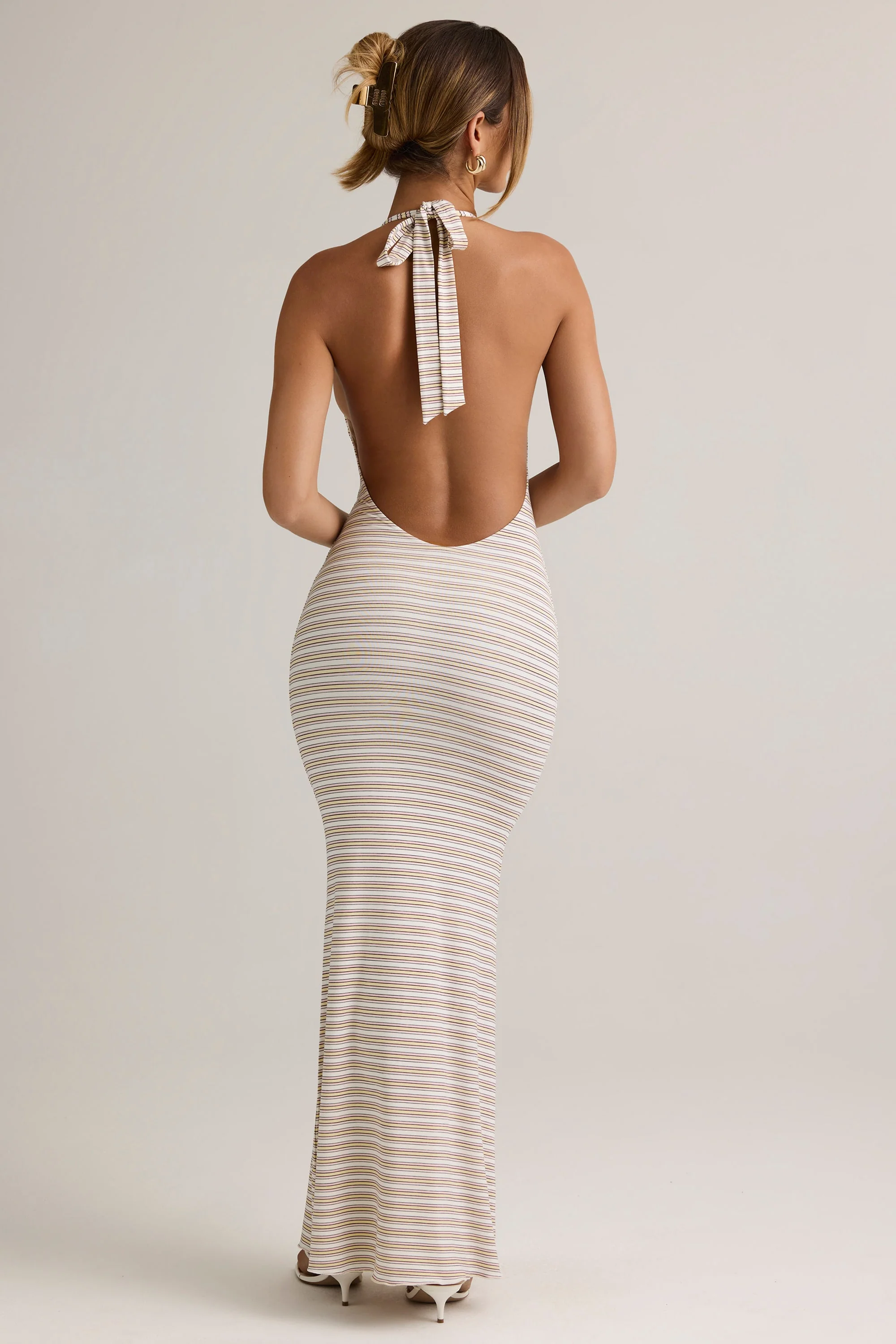 Modal Halterneck Maxi Dress in Pink Yellow Stripe - Image 5