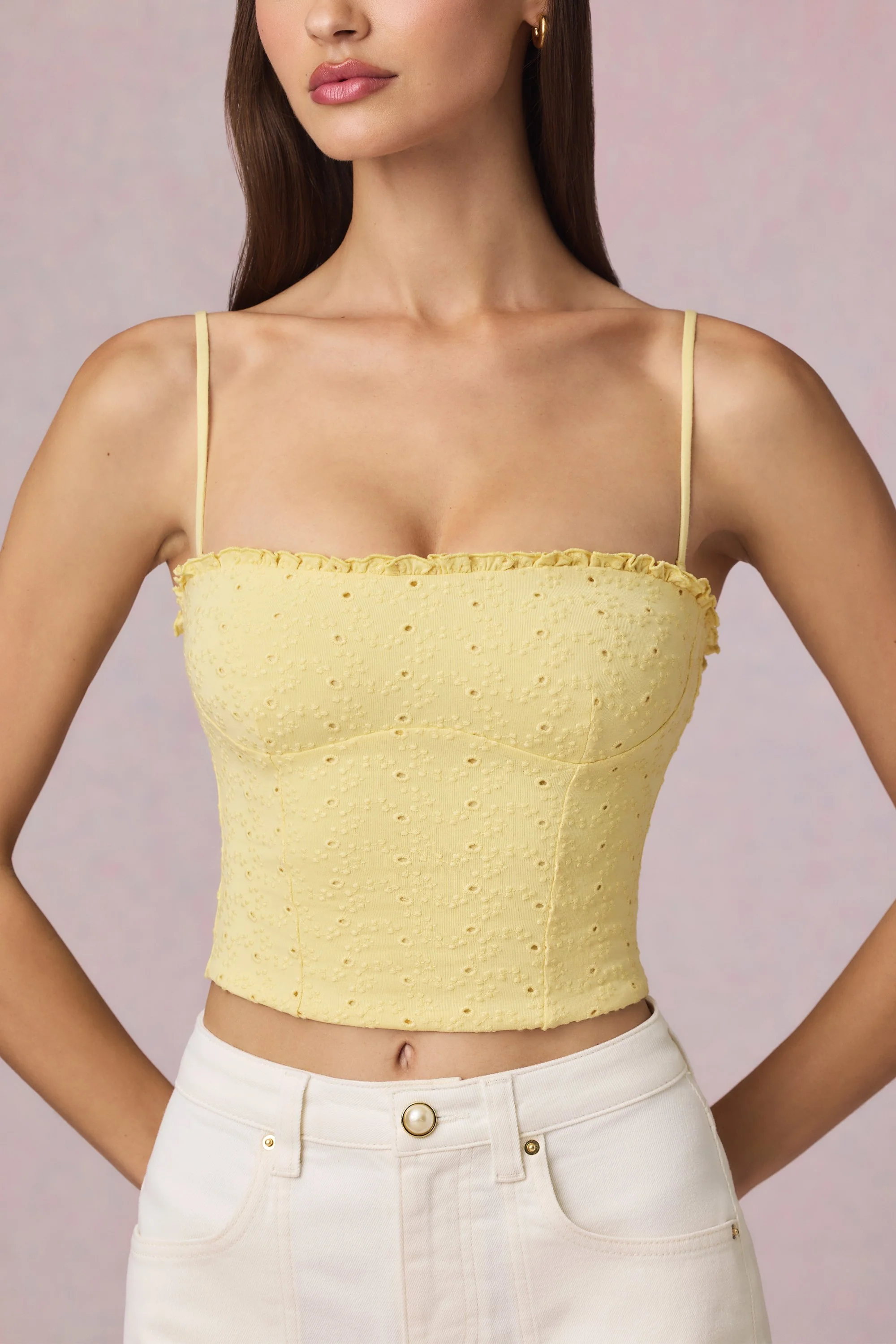Modal Broderie Anglaise Camisole Top in Lemon Yellow - Image 4