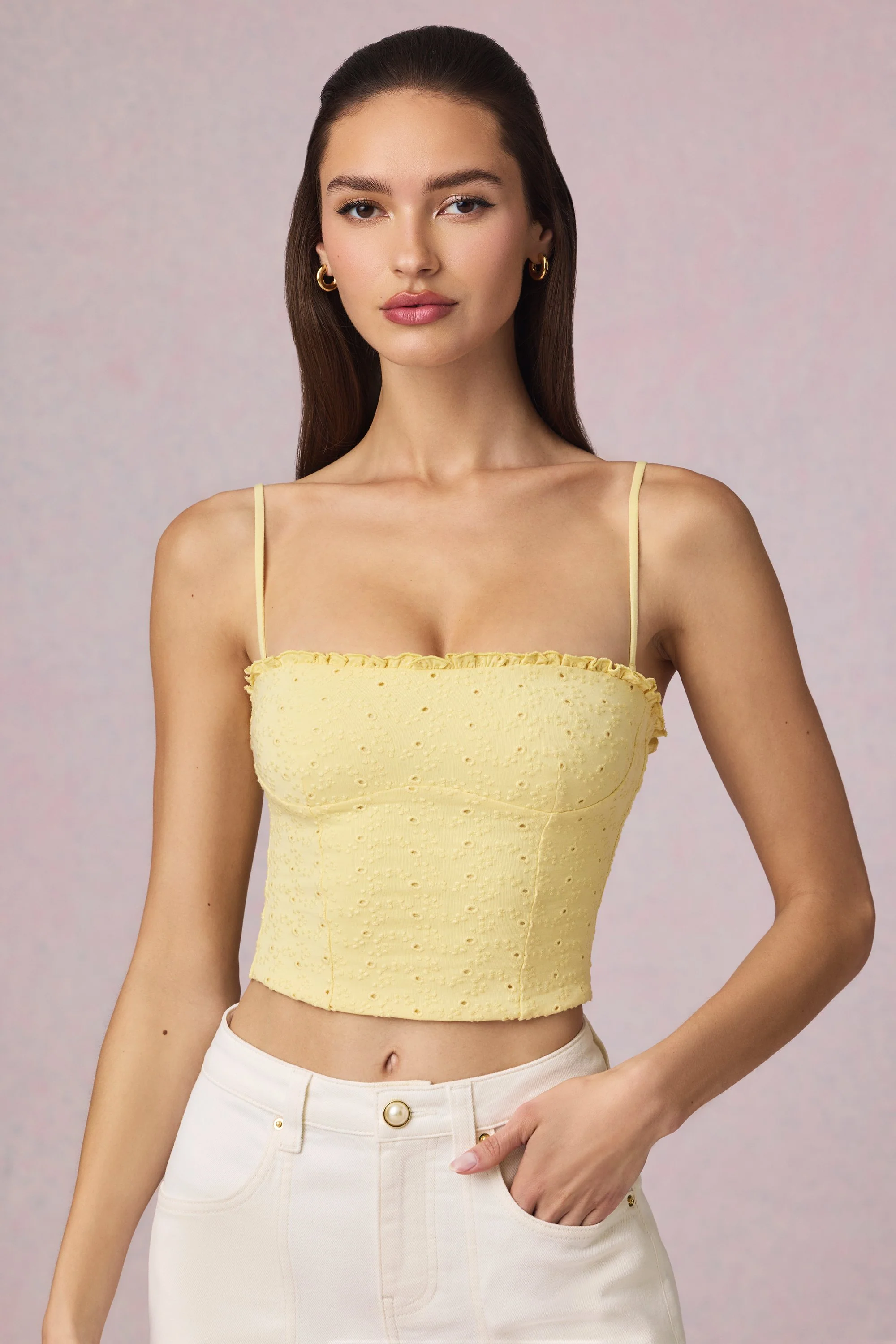 Modal Broderie Anglaise Camisole Top in Lemon Yellow - Image 8