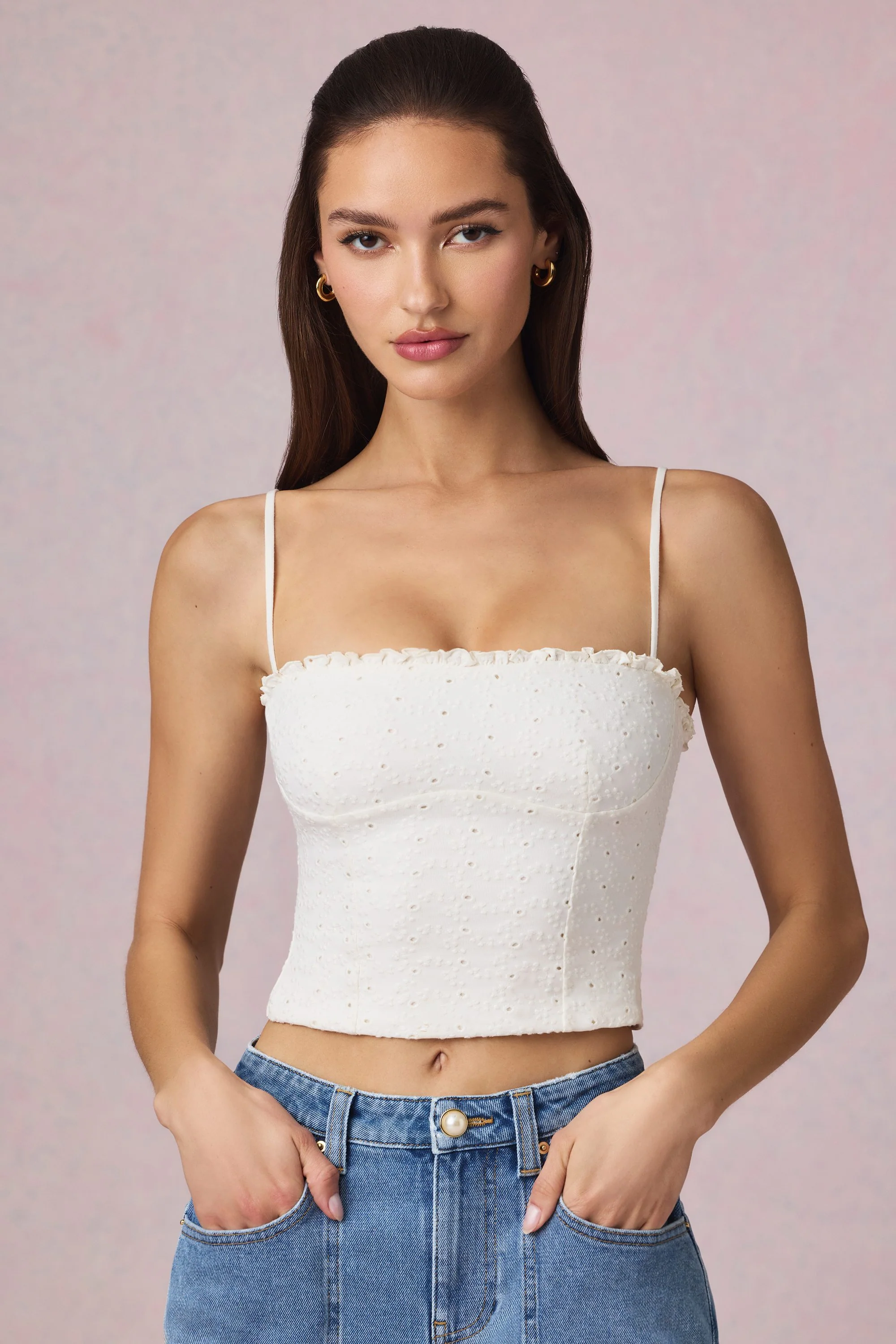 Modal Broderie Anglaise Camisole Top in White - Image 8