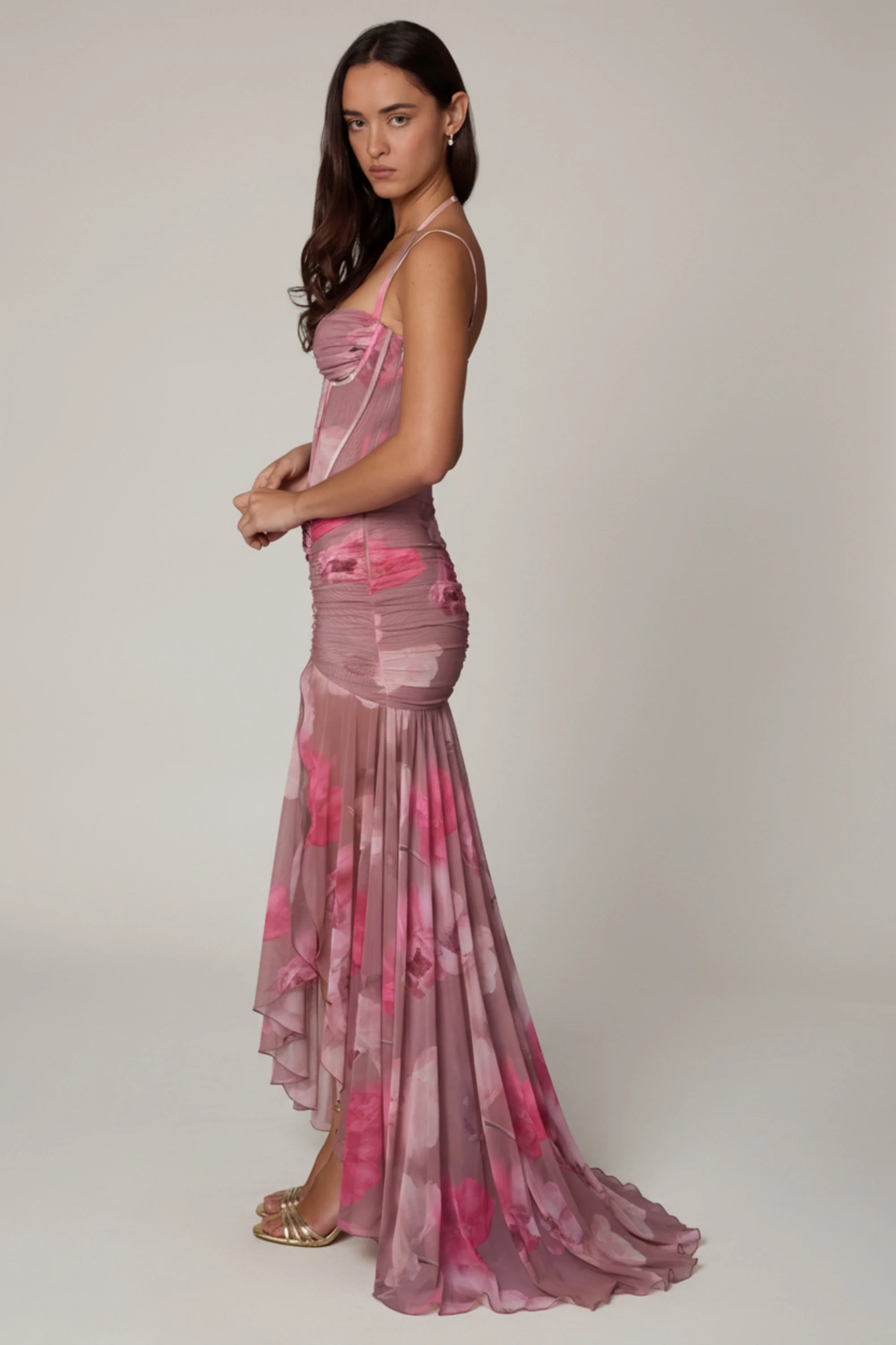 Ruched Asymmetric Corset Gown in Blurred Floral - Image 3