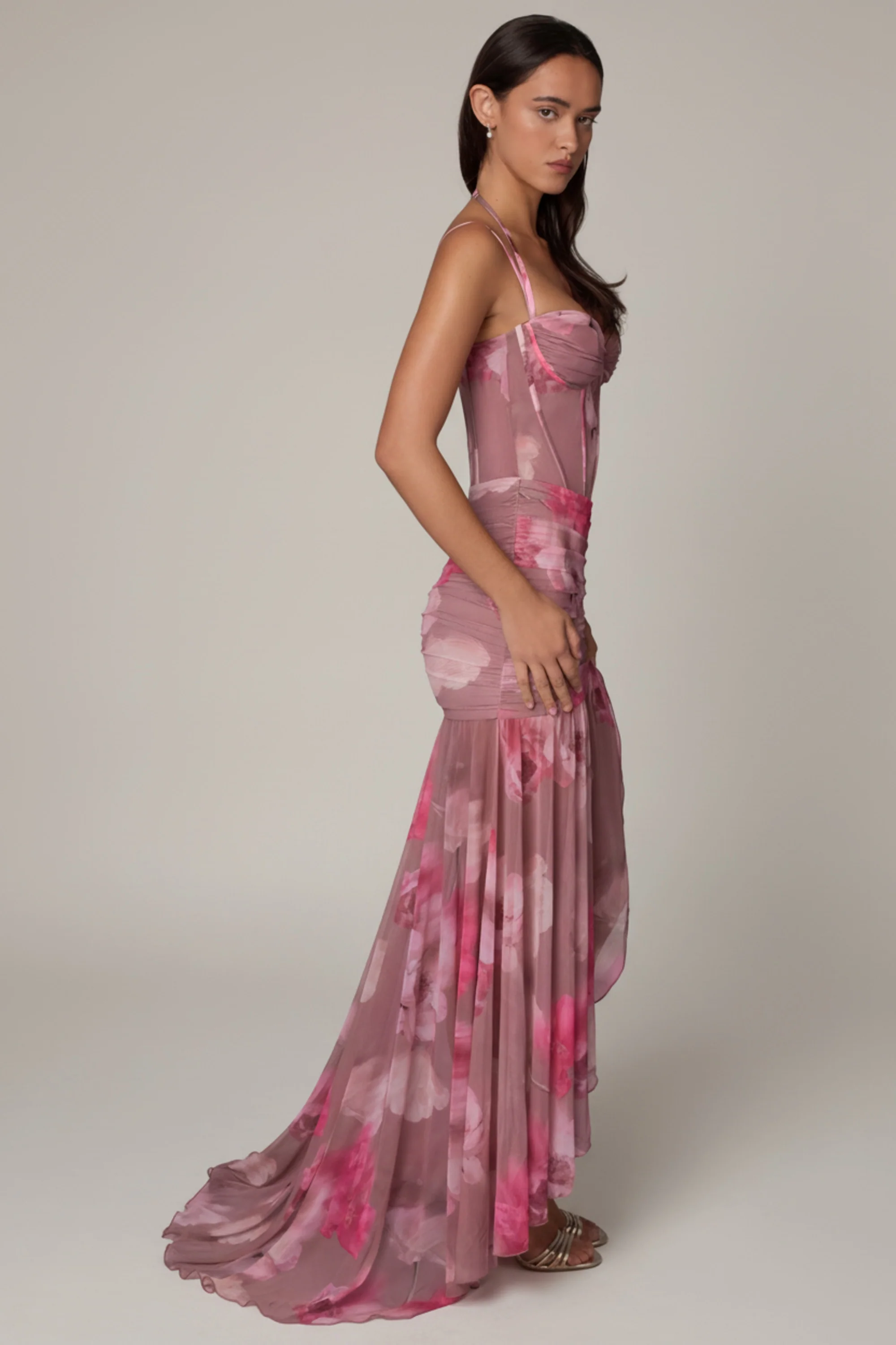 Ruched Asymmetric Corset Gown in Blurred Floral - Image 7