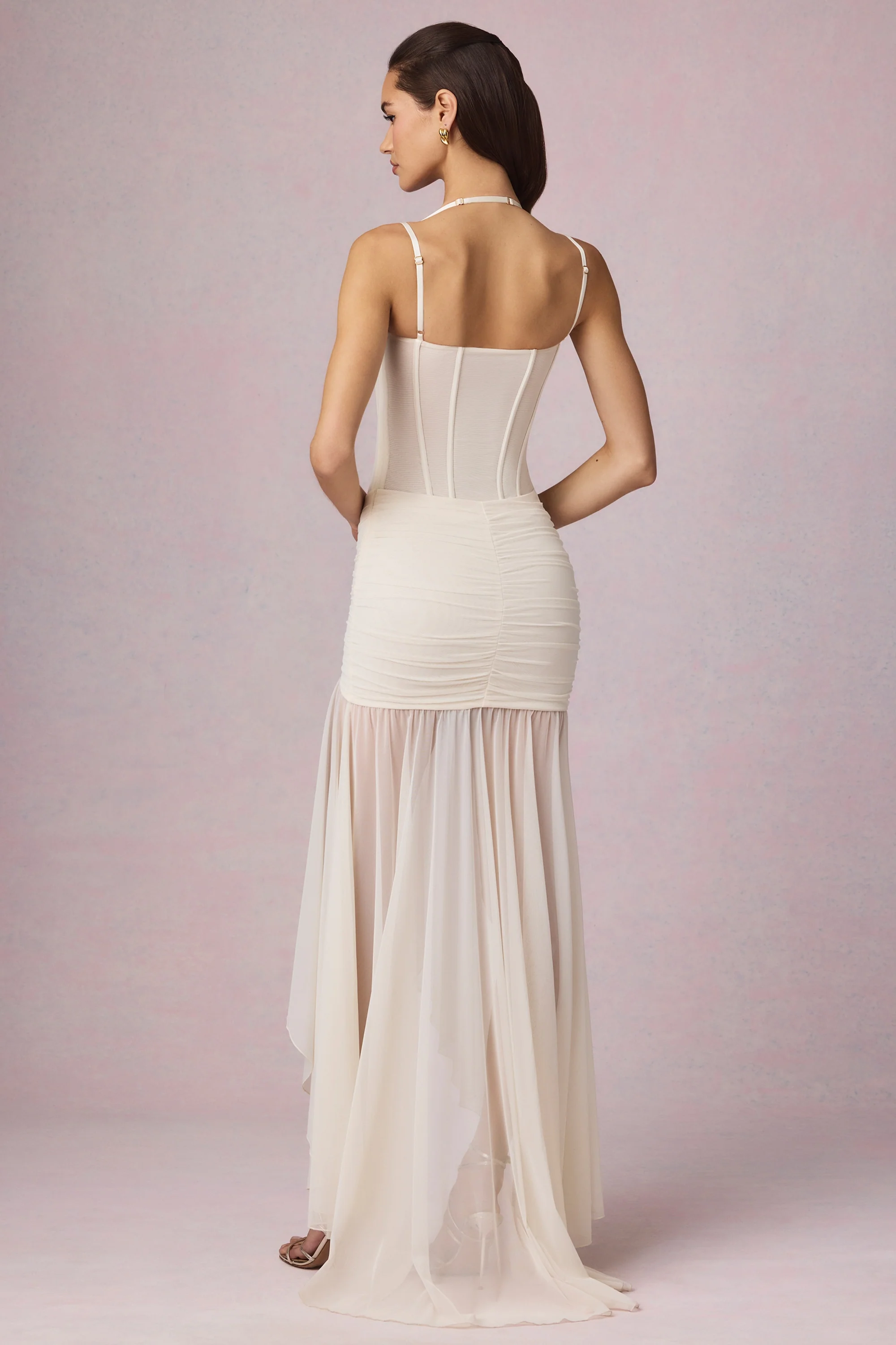 Ruched Asymmetric Corset Gown in Ivory - Image 6