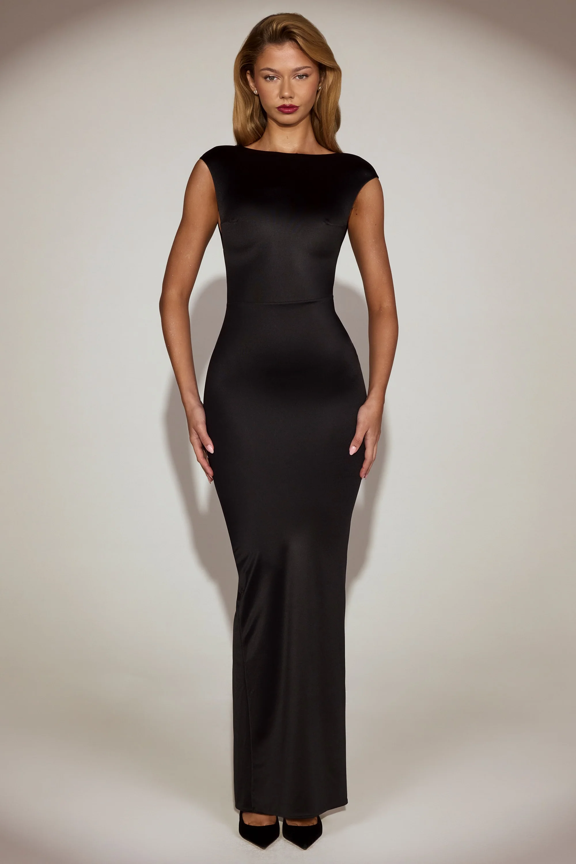 Satin Boat-Neck Twist-Back Maxi Dress in Black - Image 5