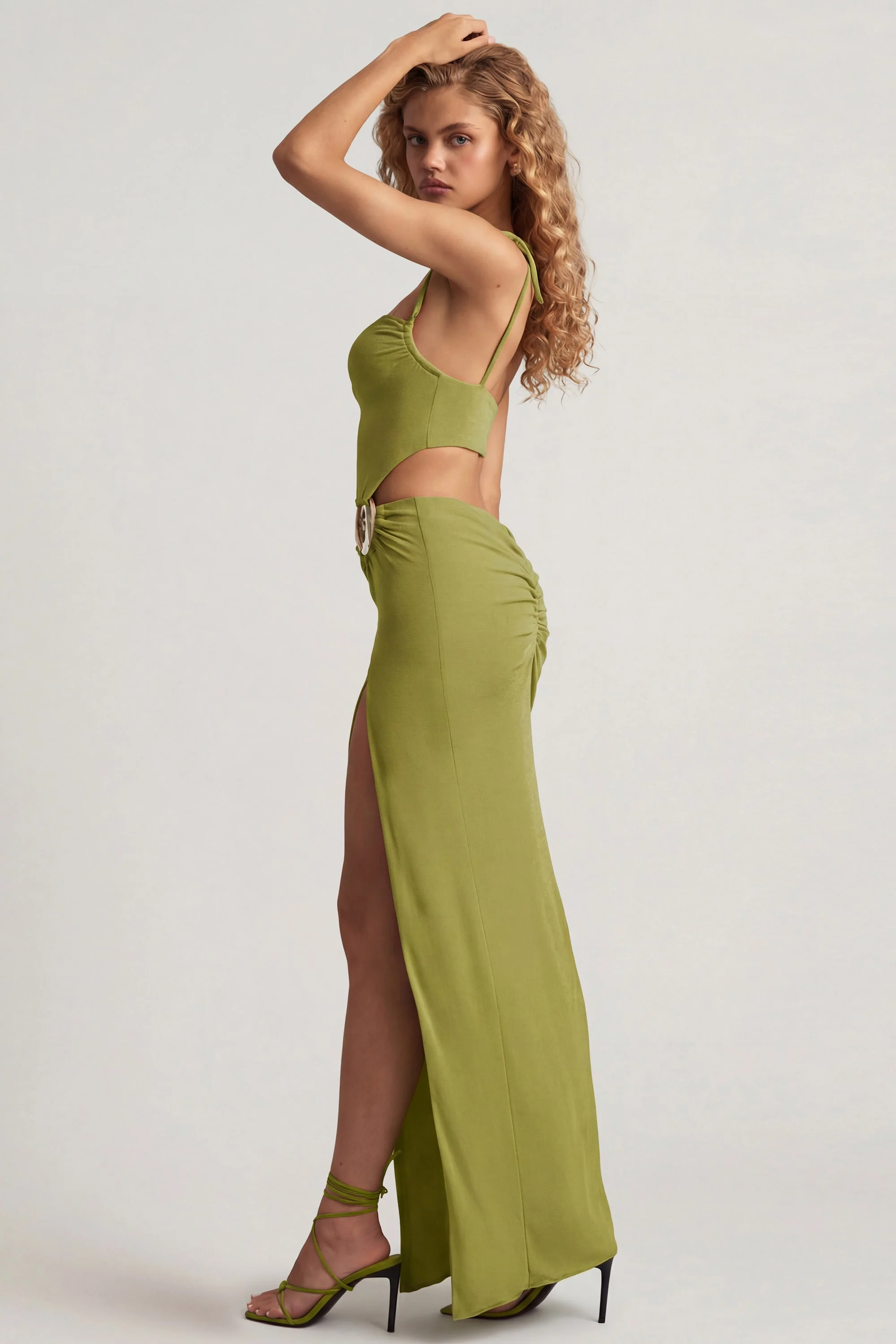 Textured Jersey Asymmetric Maxi Dress in Olive Green - Image 6