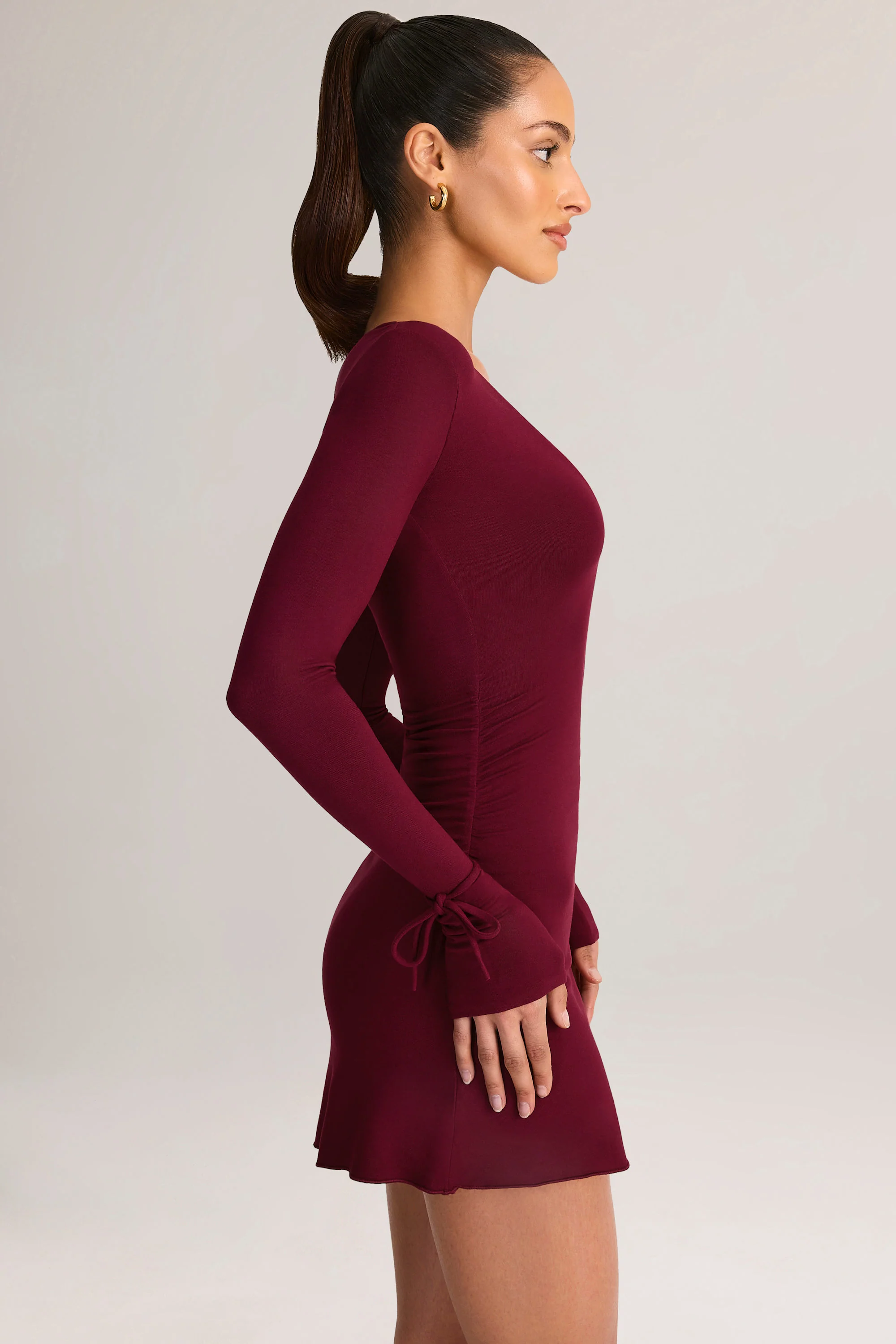 Modal Long-Sleeve Mini Dress in Wine - Image 3