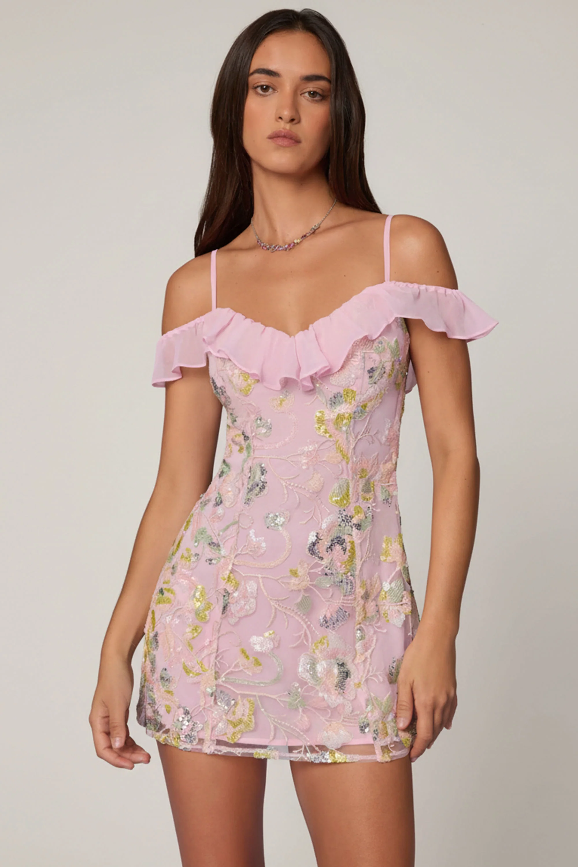 Embellished Lace-Up A-Line Mini Dress in Soft Pink - Image 6
