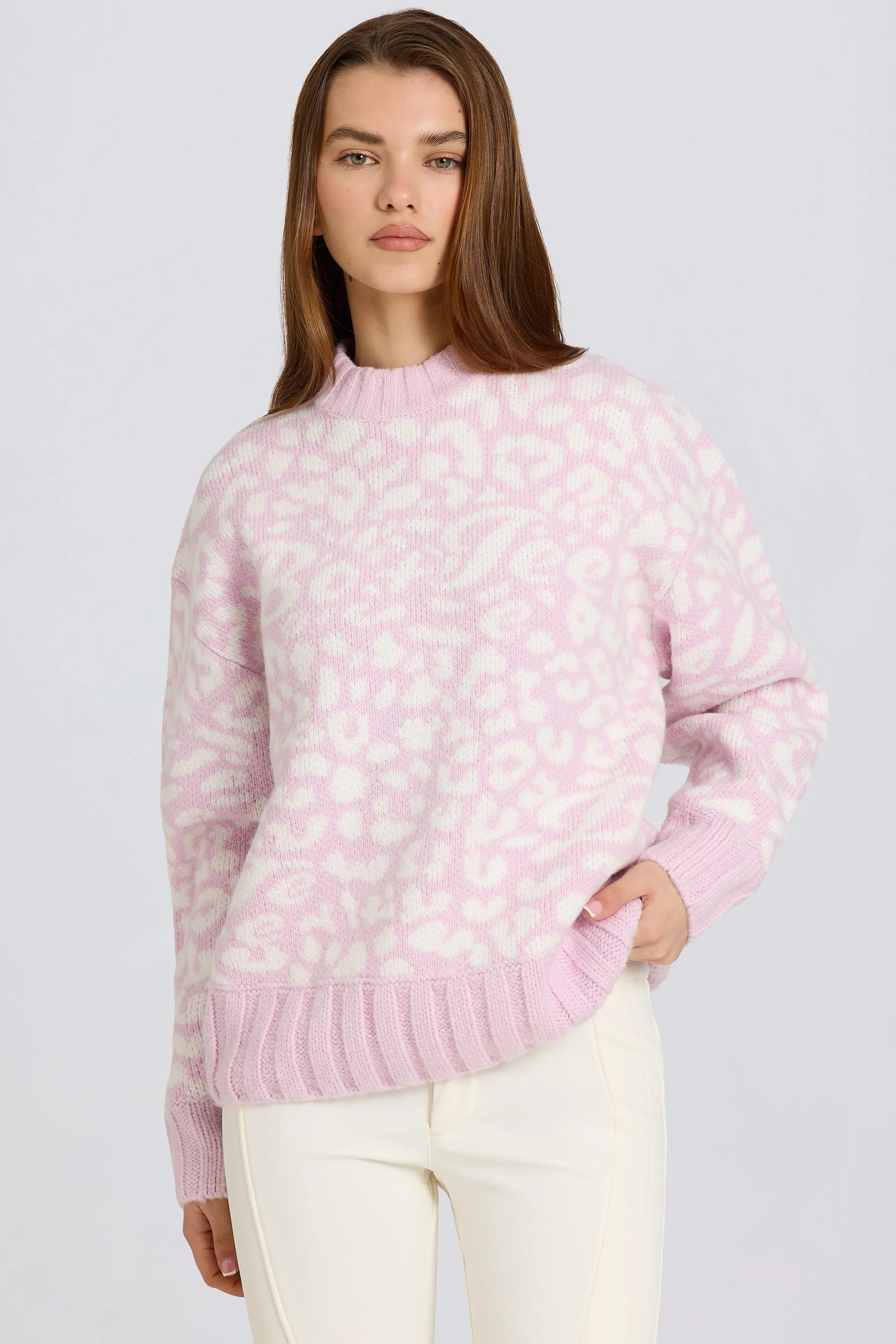 Jacquard-Knit Oversized Jumper in Pink - Image 6