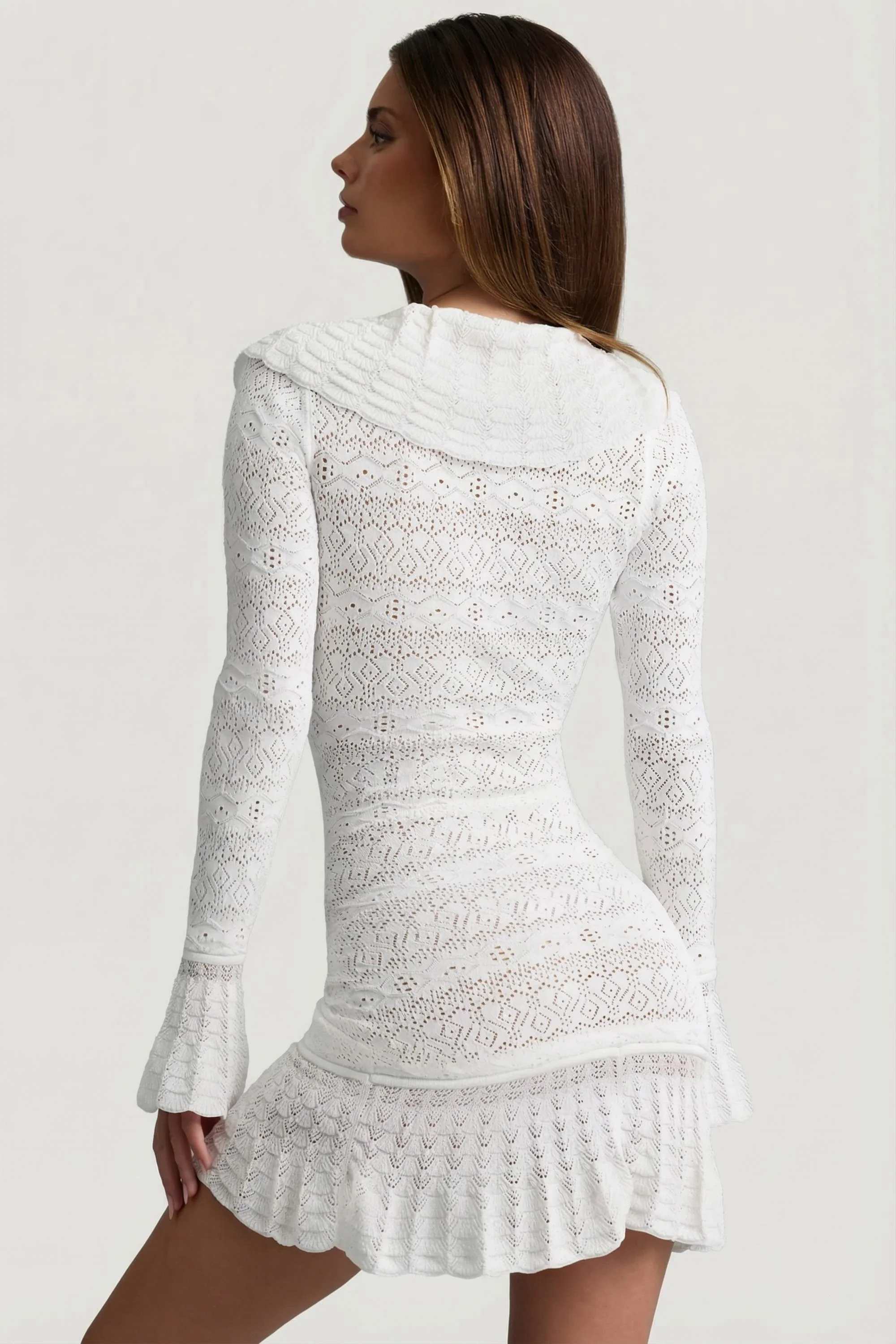 Ruffle-Trim Pointelle-Knit Mini Dress in White - Image 6
