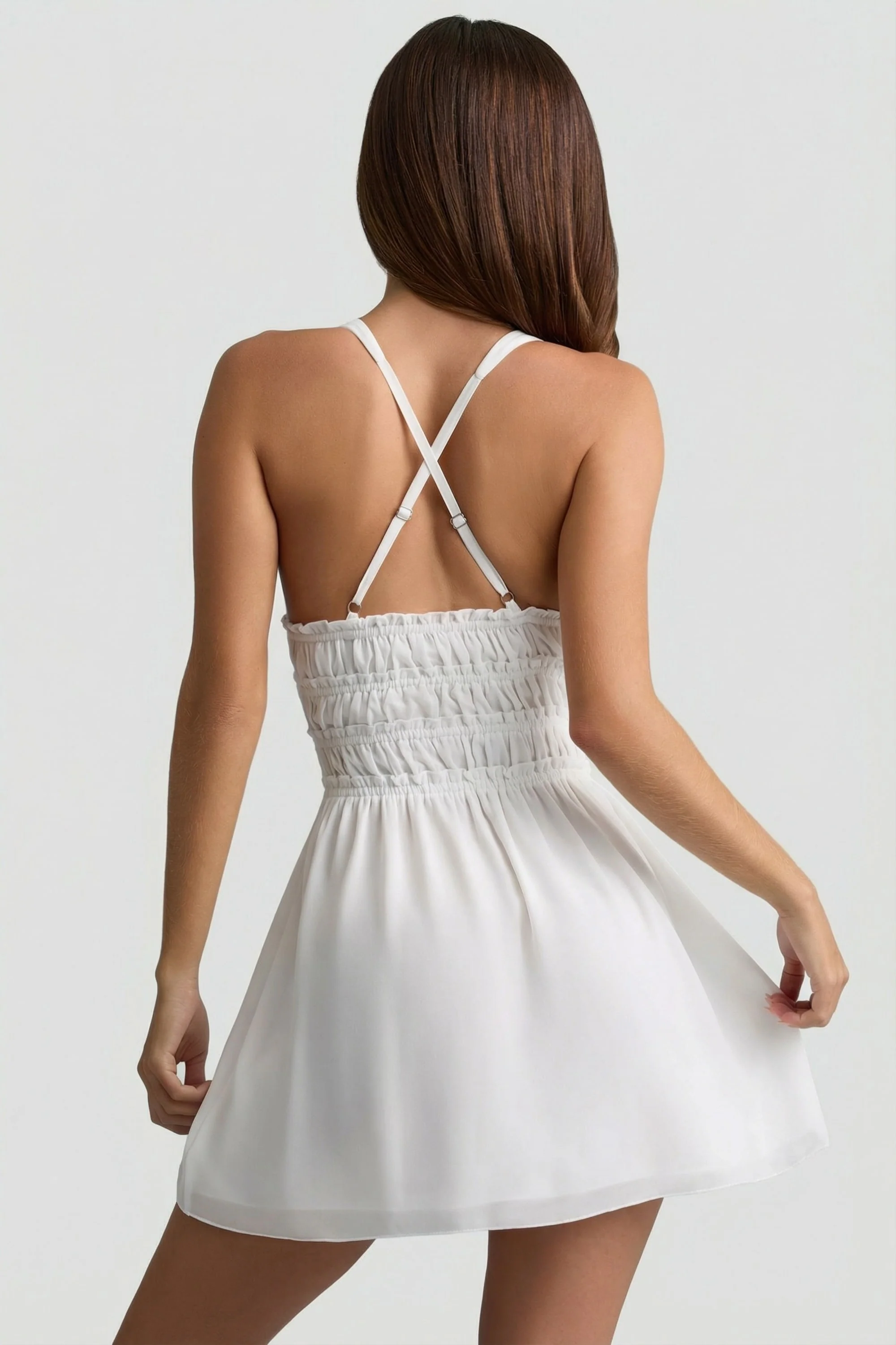 Plunge Cross-Back Mini Dress in White - Image 5
