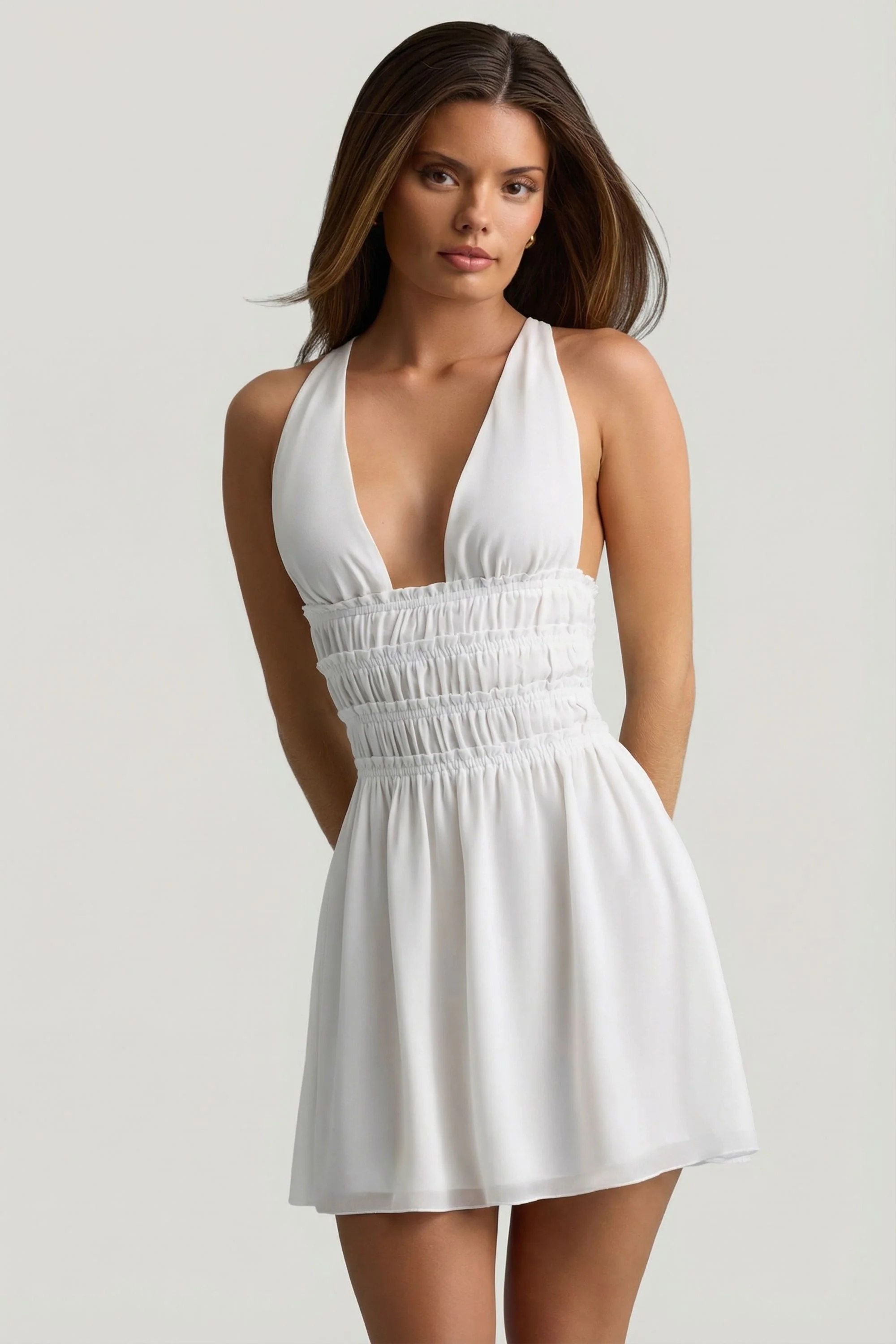 Plunge Cross-Back Mini Dress in White - Image 8