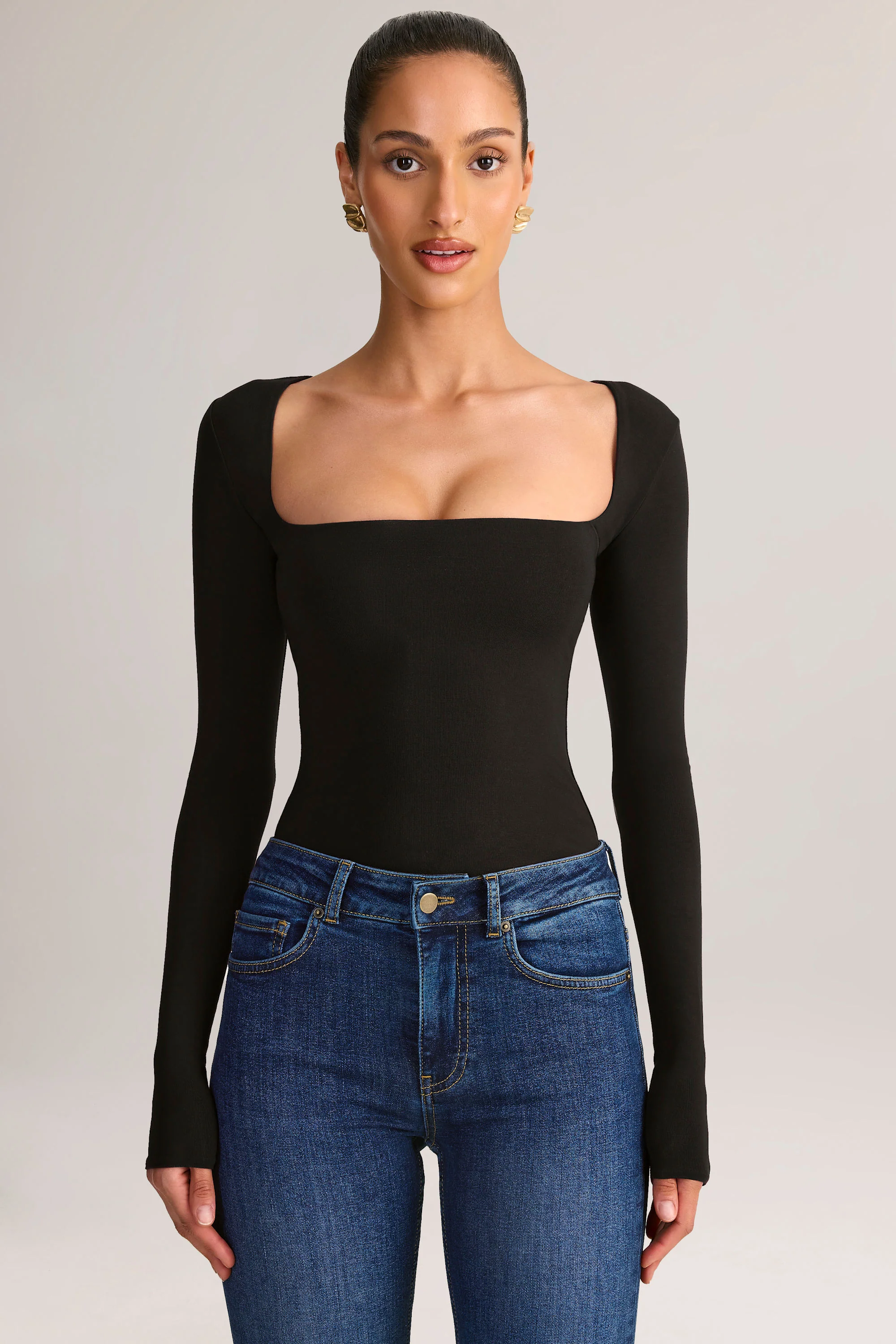 Modal Square-Neck Long-Sleeve Top in Black - Image 4