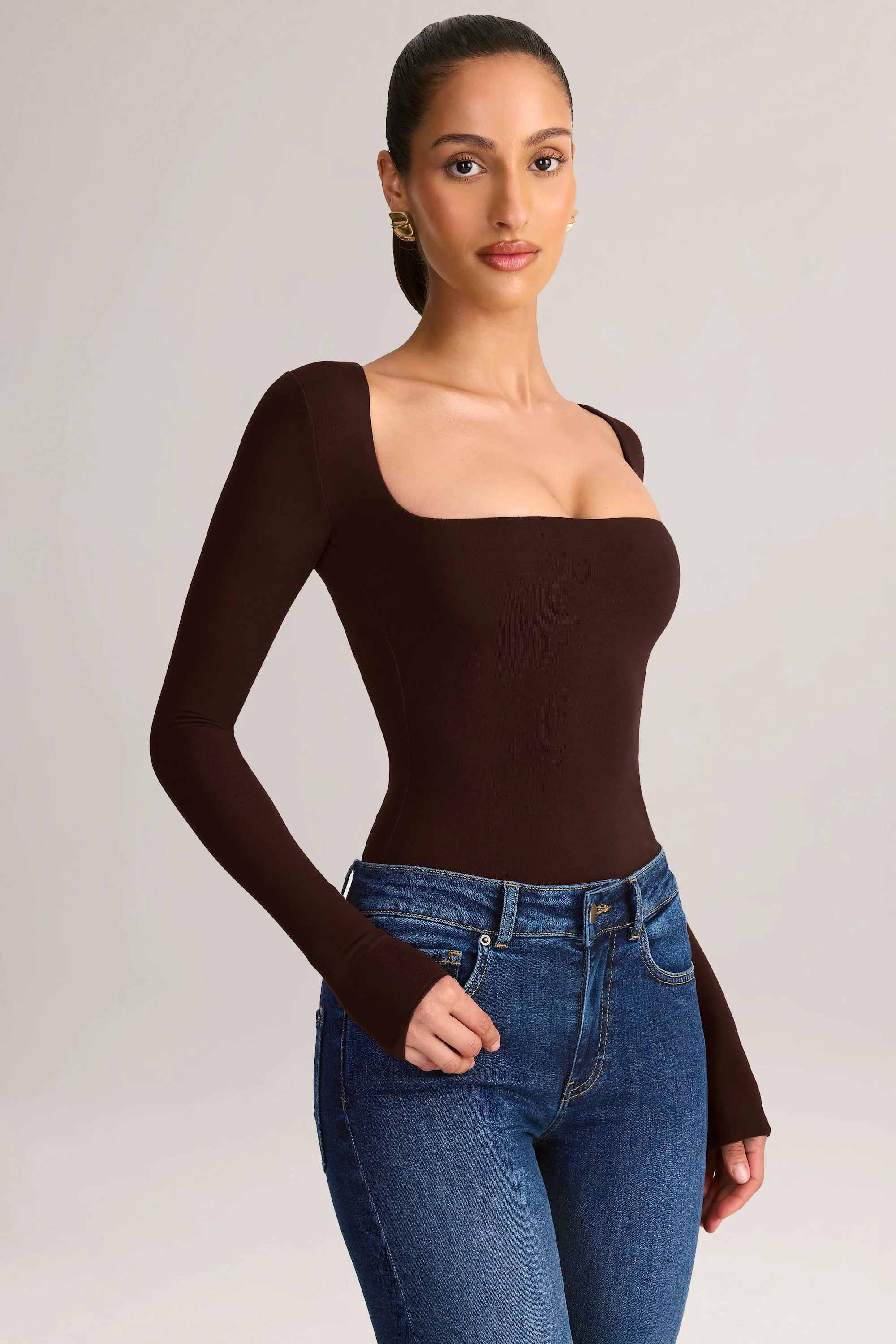 Modal Square-Neck Long-Sleeve Top in Chocolate Brown - Image 4