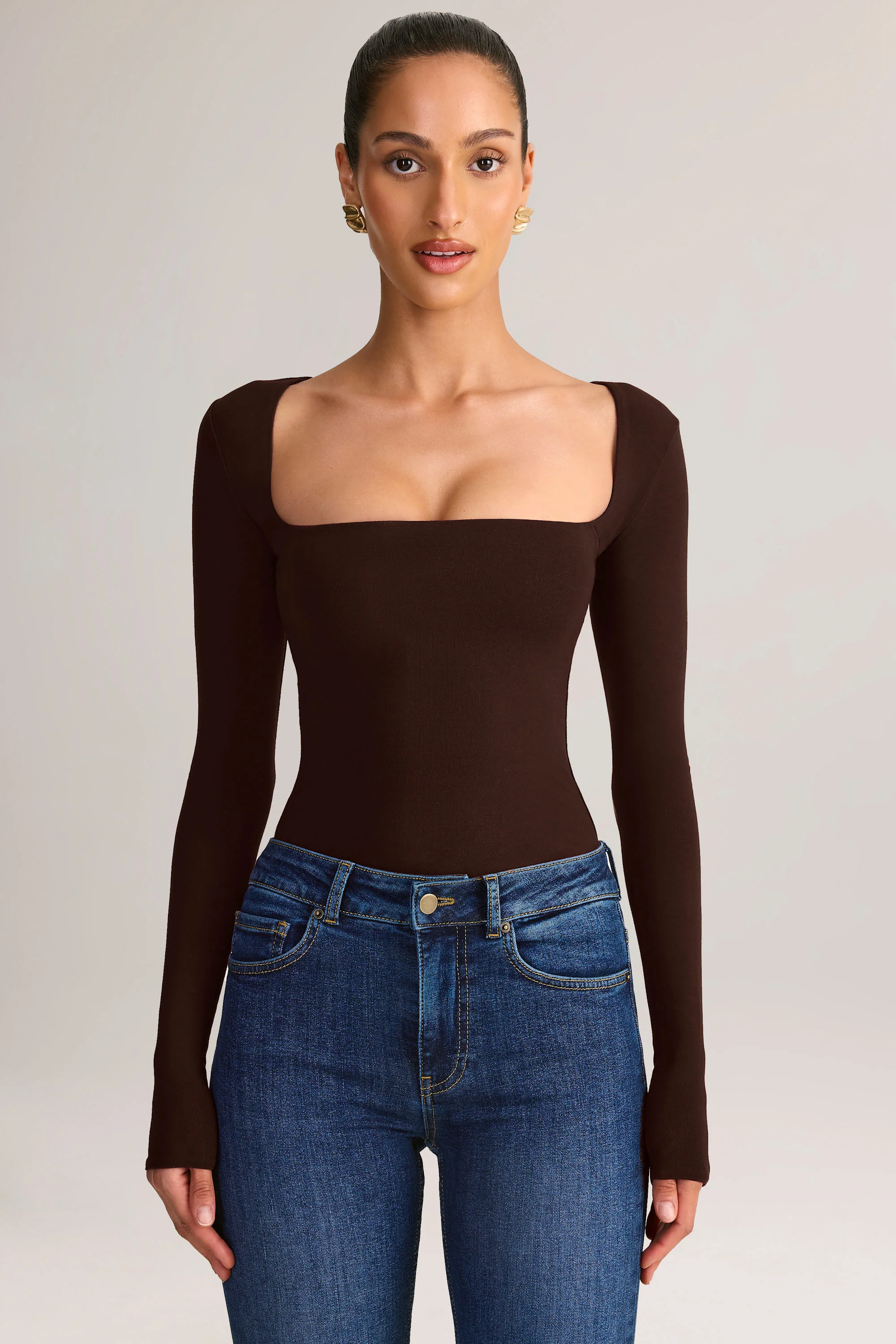 Modal Square-Neck Long-Sleeve Top in Chocolate Brown - Image 5
