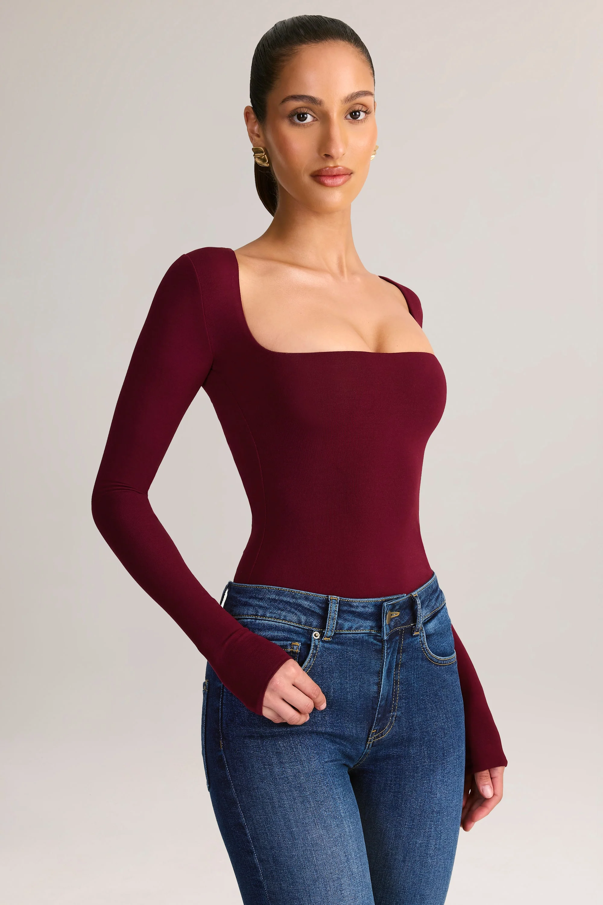 Modal Square-Neck Long-Sleeve Top in Wine - Image 4