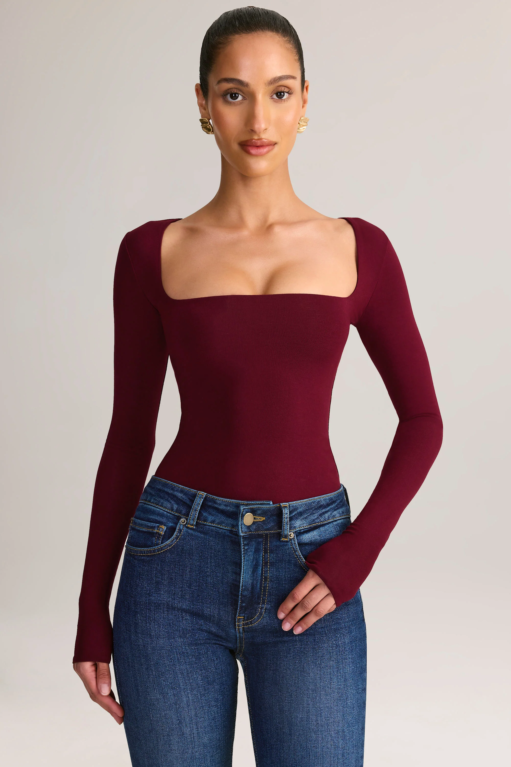 Modal Square-Neck Long-Sleeve Top in Wine - Image 5