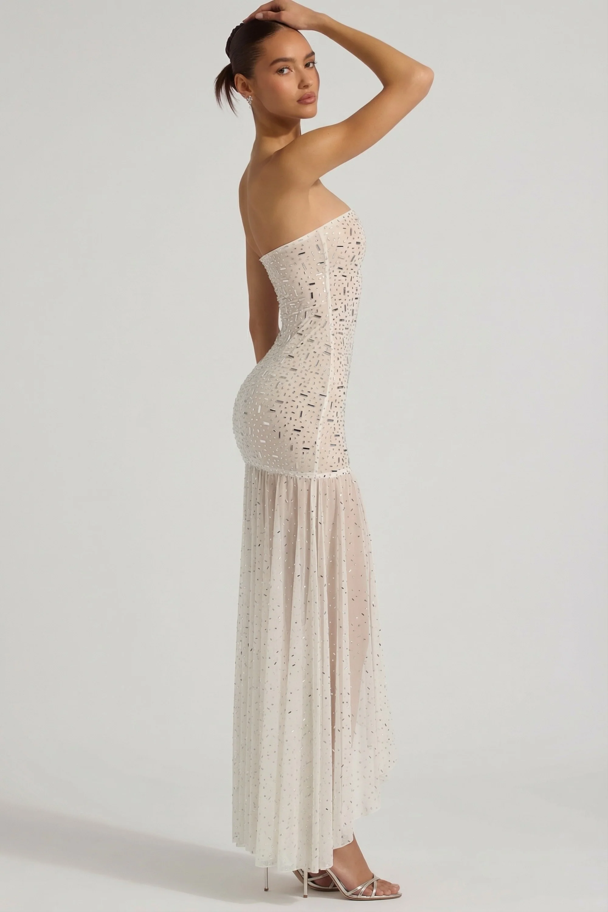 Semi-Sheer Embellished Asymmetric Maxi Dress in White - Image 5