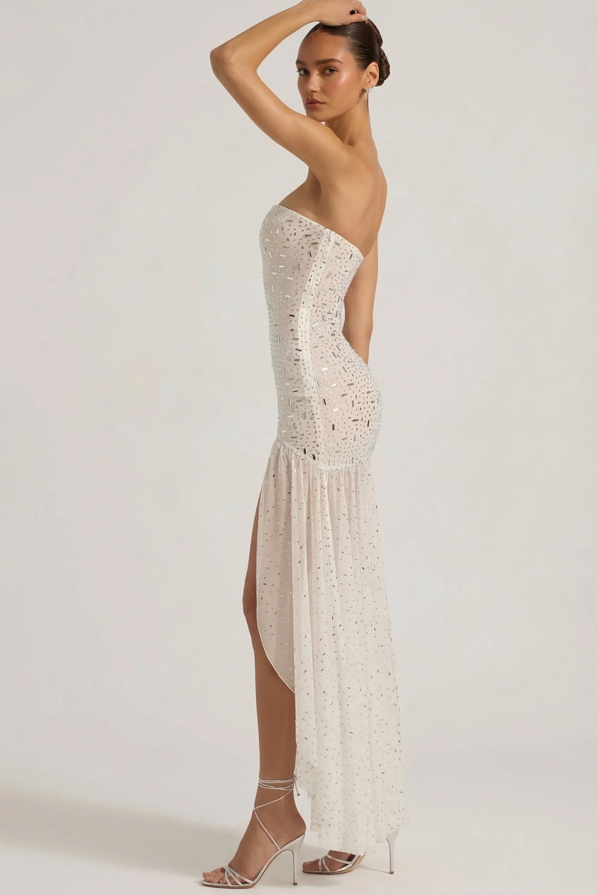 Semi-Sheer Embellished Asymmetric Maxi Dress in White - Image 6