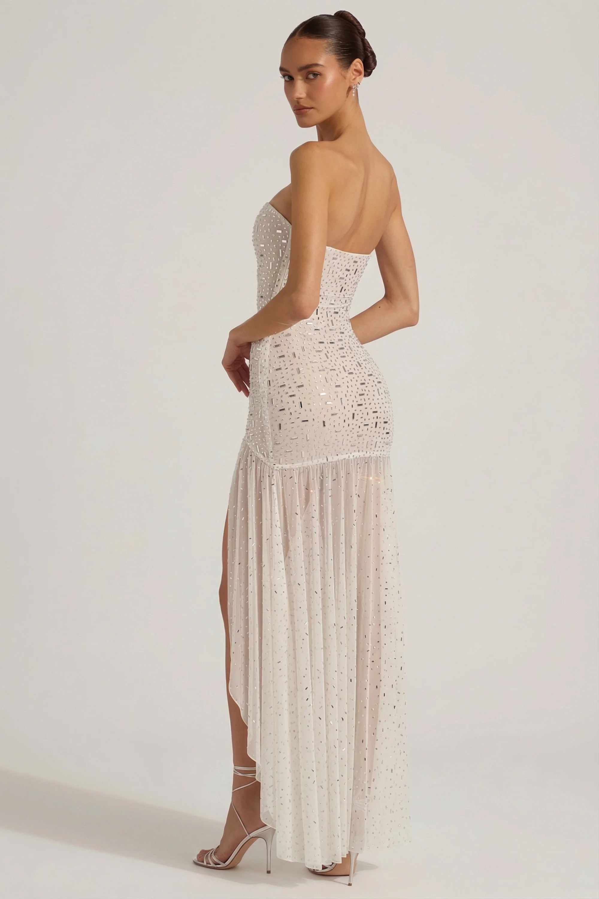 Semi-Sheer Embellished Asymmetric Maxi Dress in White - Image 7