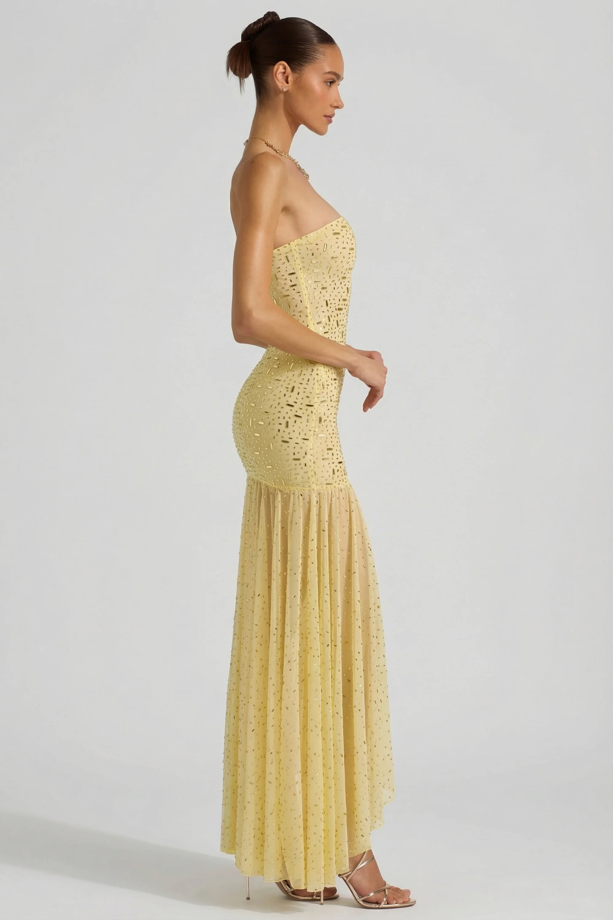 Semi-Sheer Embellished Asymmetric Maxi Dress in Yellow - Image 4