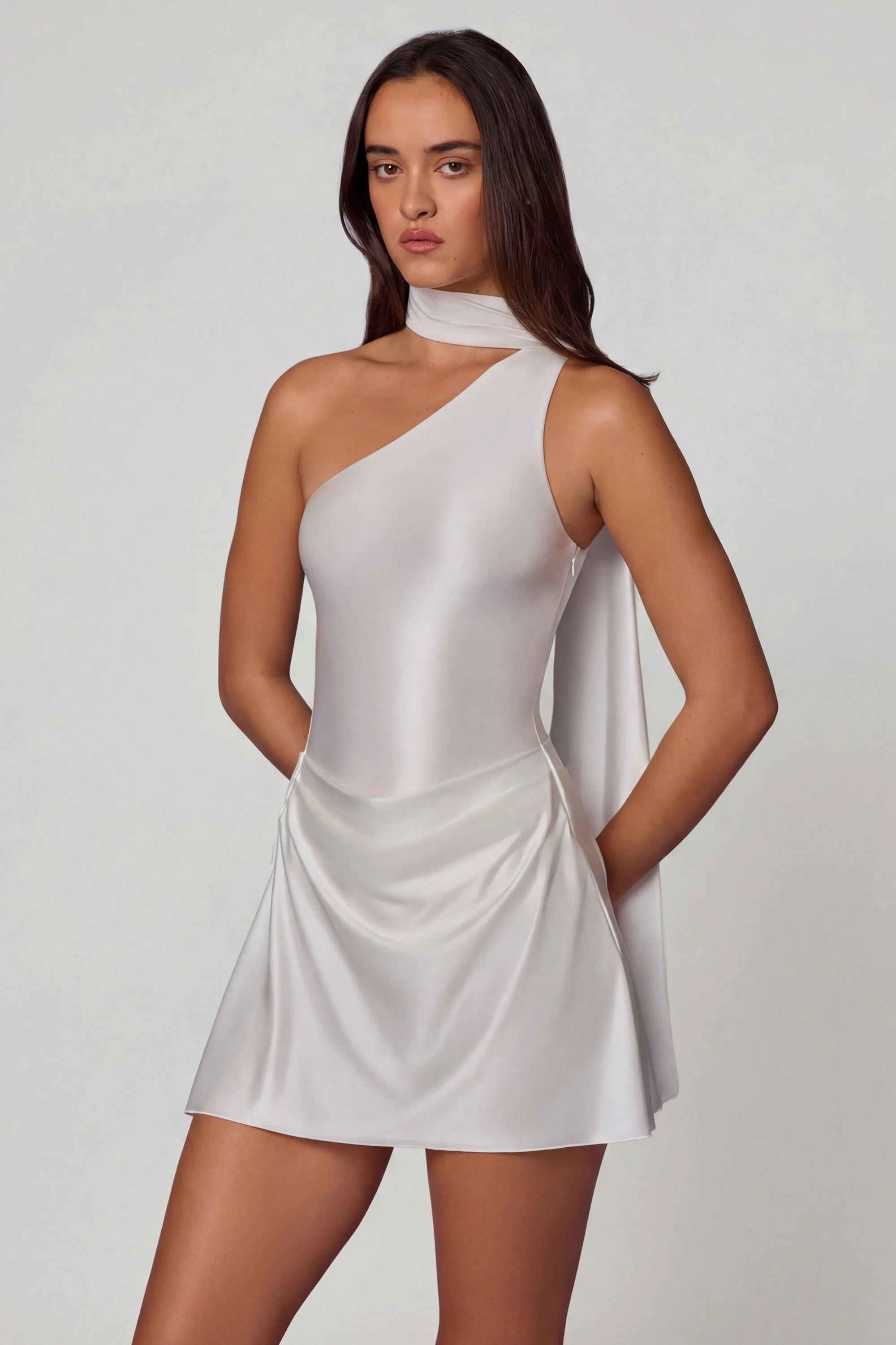 Asymmetric Scarf-Detail Mini Dress in White - Image 7