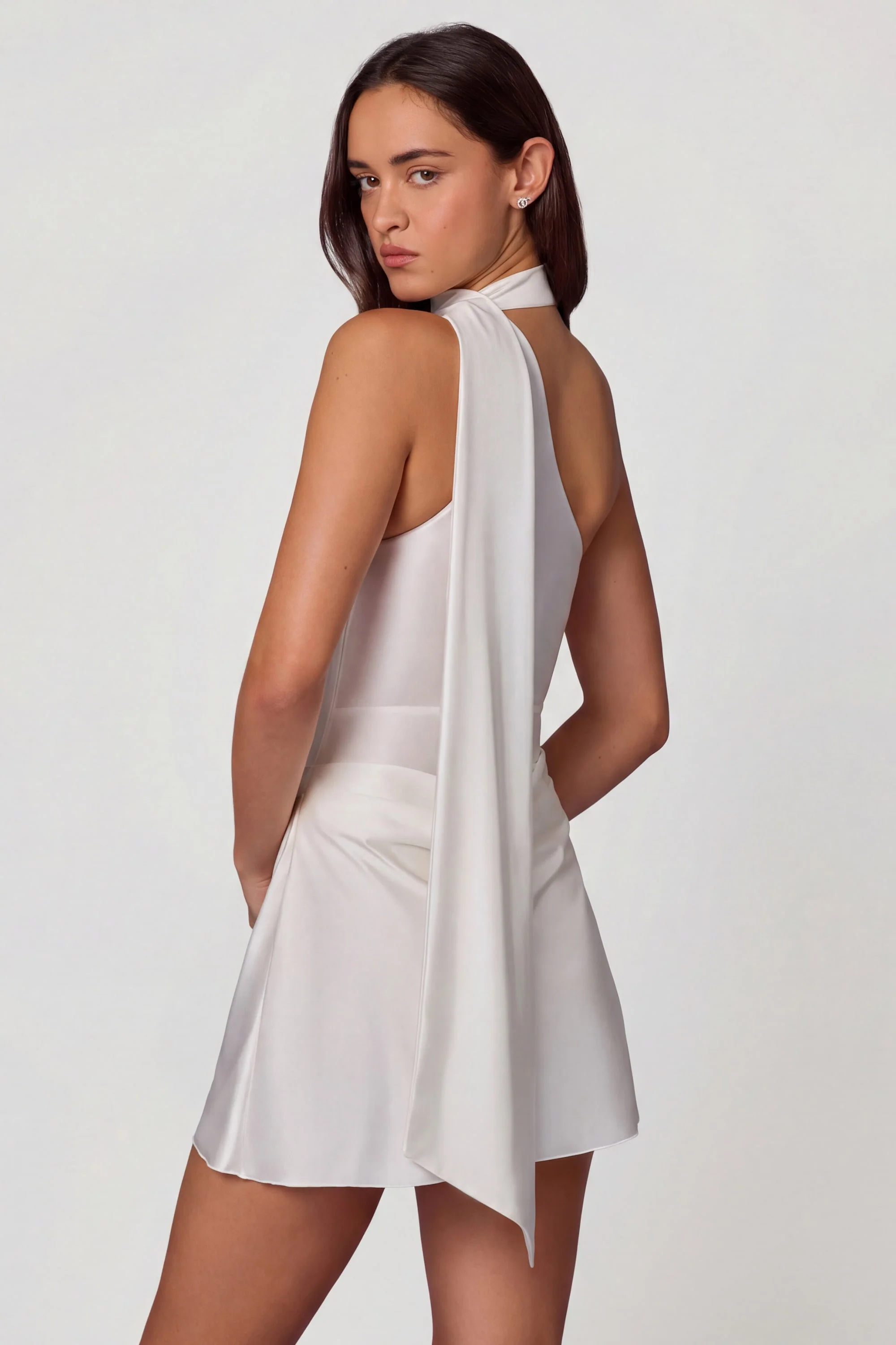 Asymmetric Scarf-Detail Mini Dress in White - Image 8