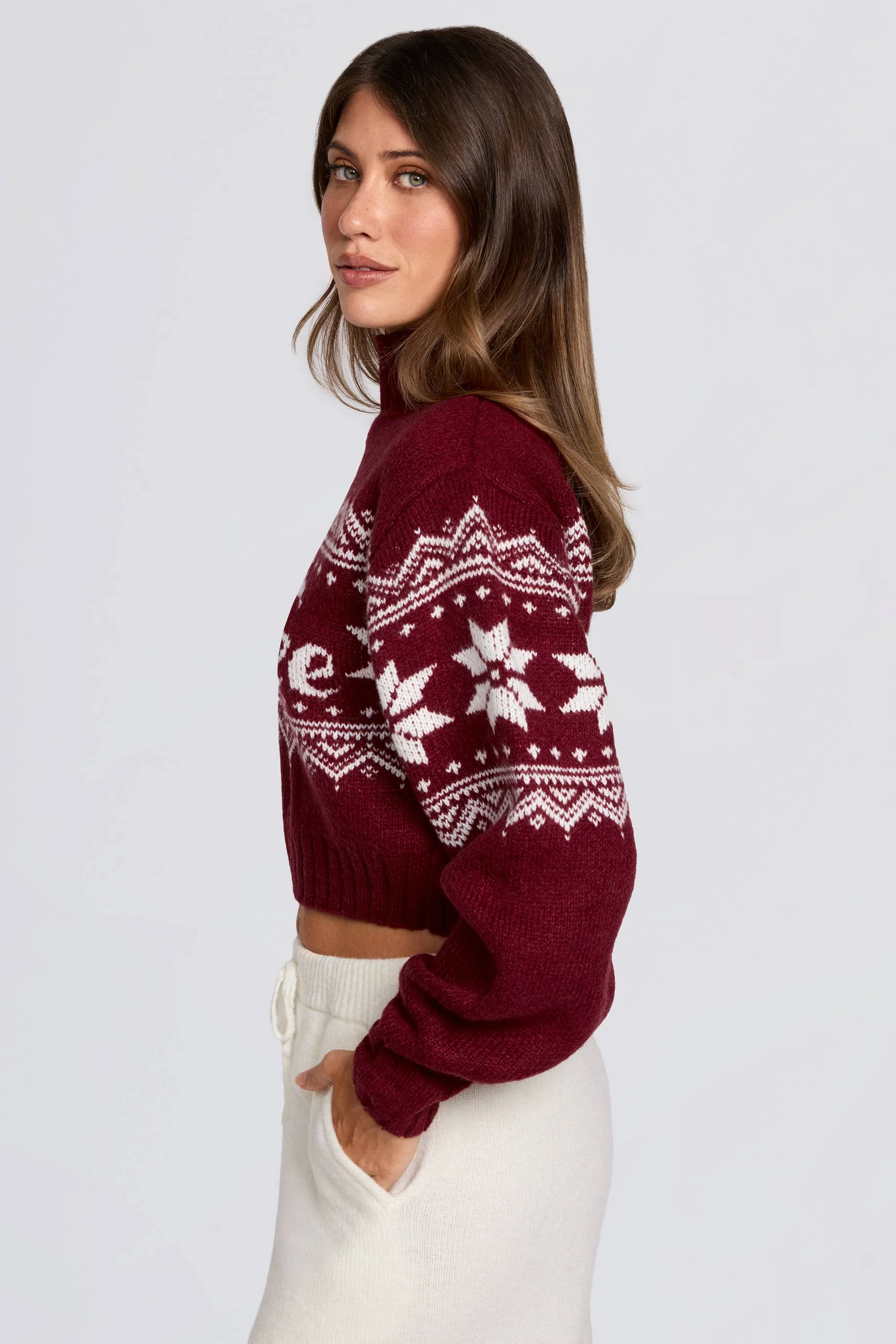 Jacquard-Knit Cropped Jumper in Crimson Red - Image 3