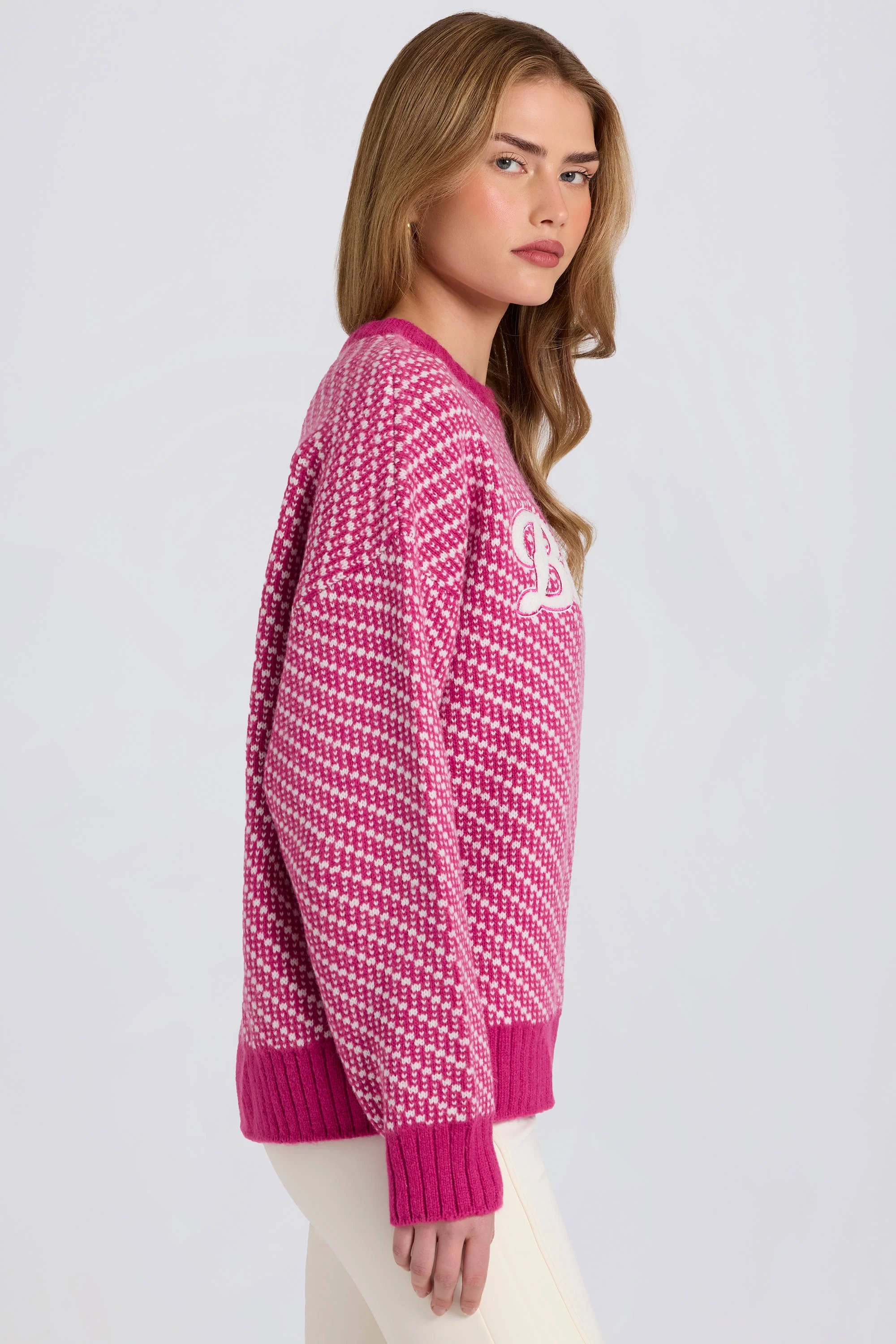 Knit Logo Oversized Jumper in Magenta Pink - Image 4