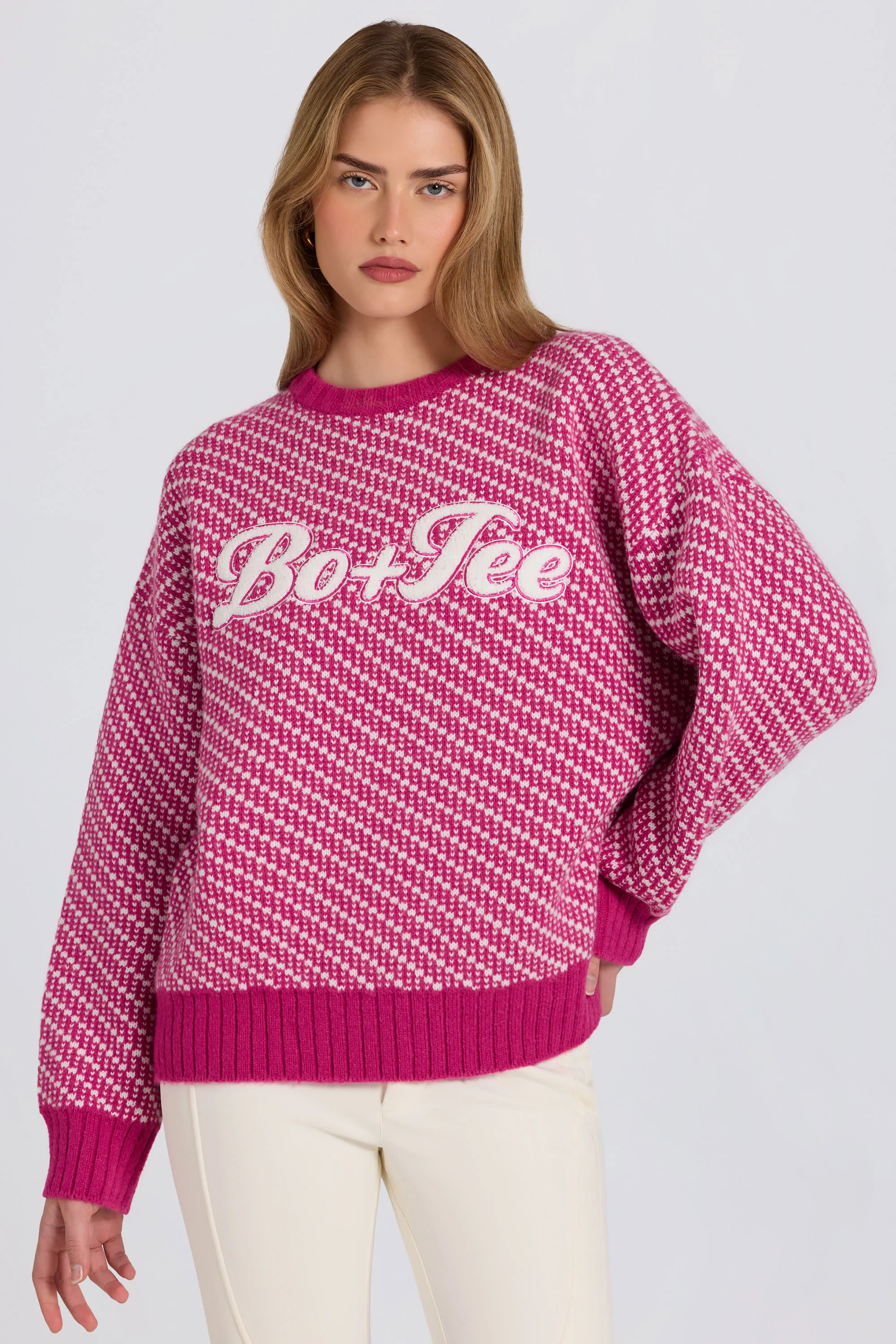 Knit Logo Oversized Jumper in Magenta Pink - Image 6