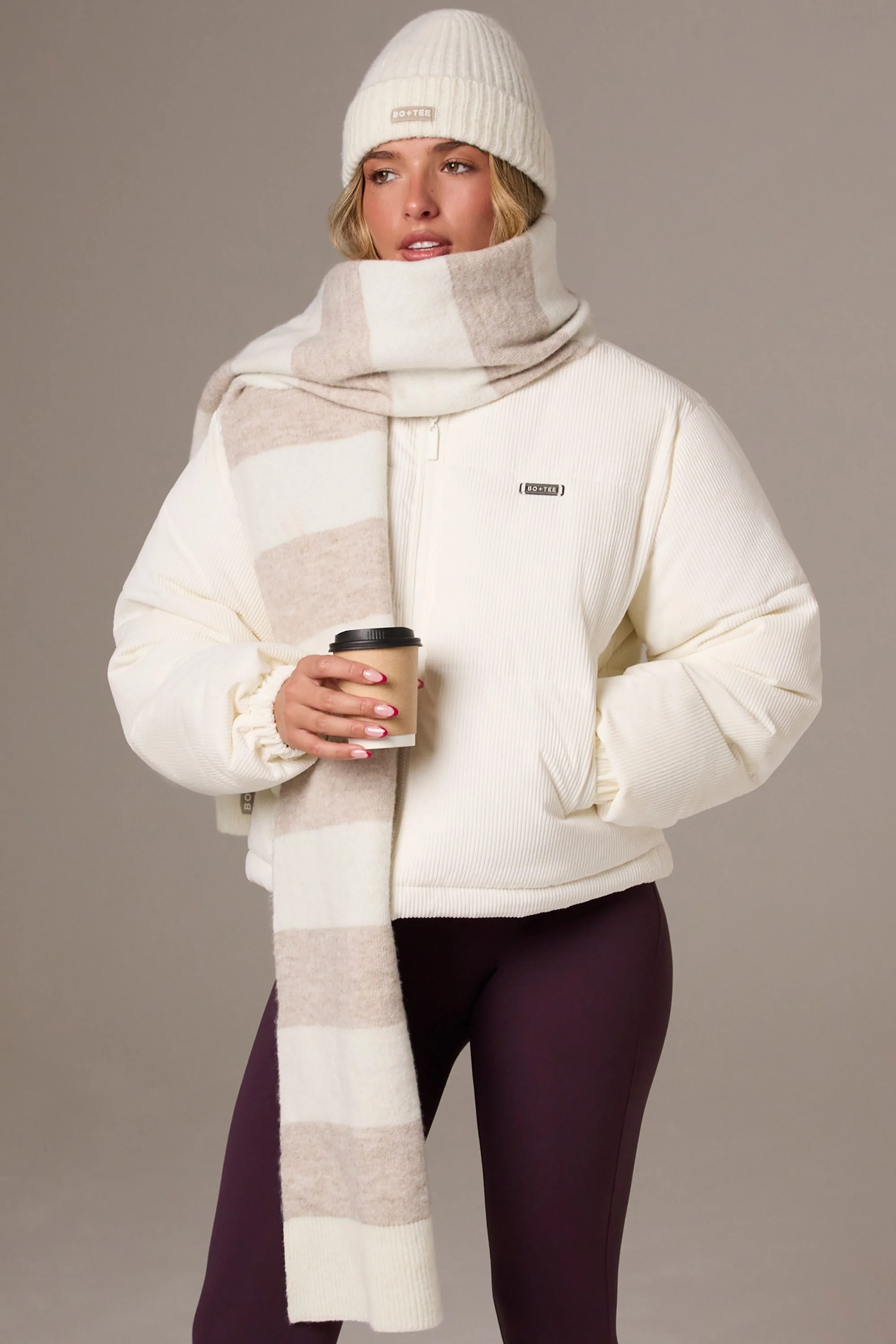 Knitted Striped Scarf in Ivory - Image 2