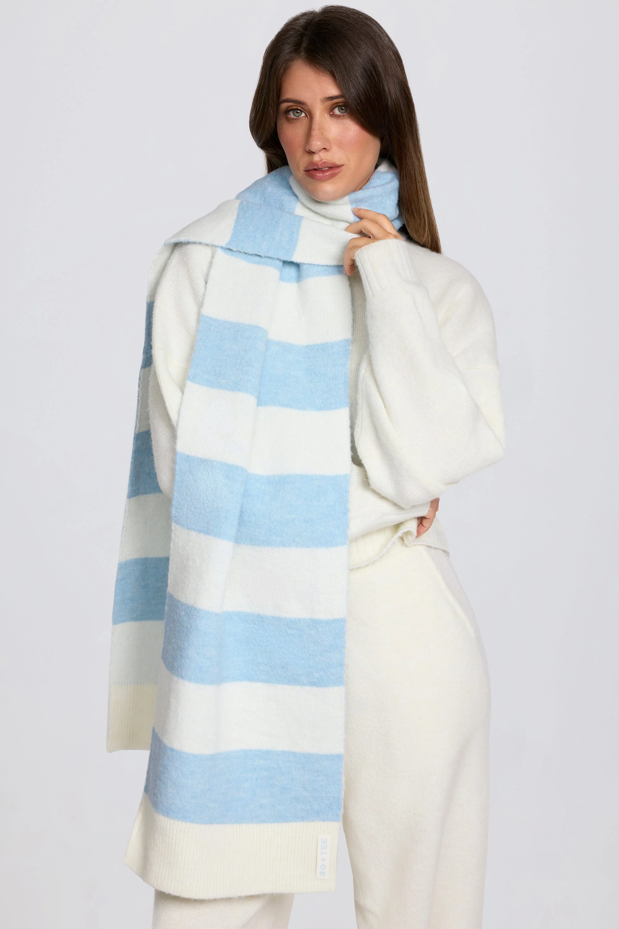 Knit Striped Scarf in Powder Blue - Image 4