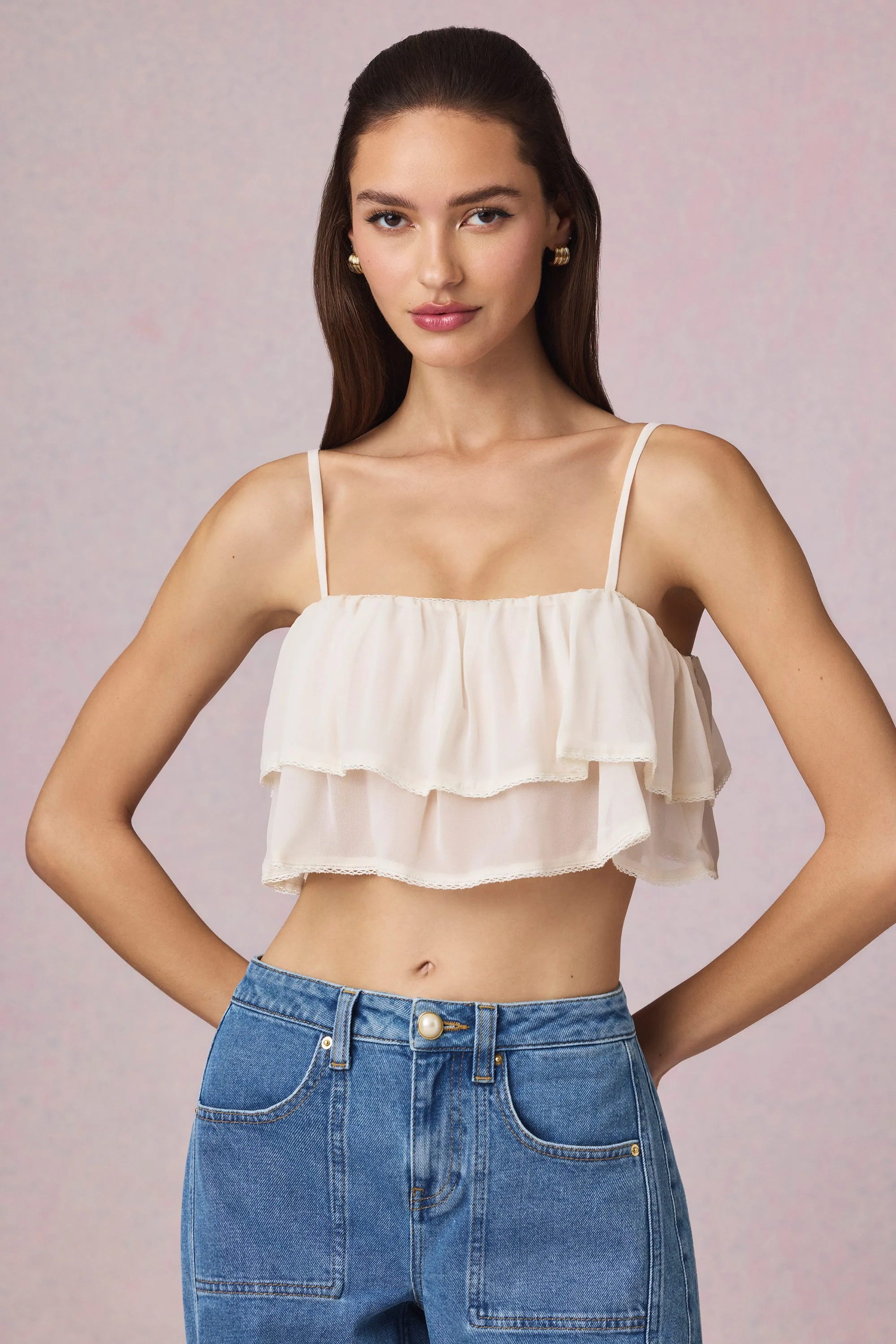 Ruffled Cropped Camisole Top in Ivory - Image 6