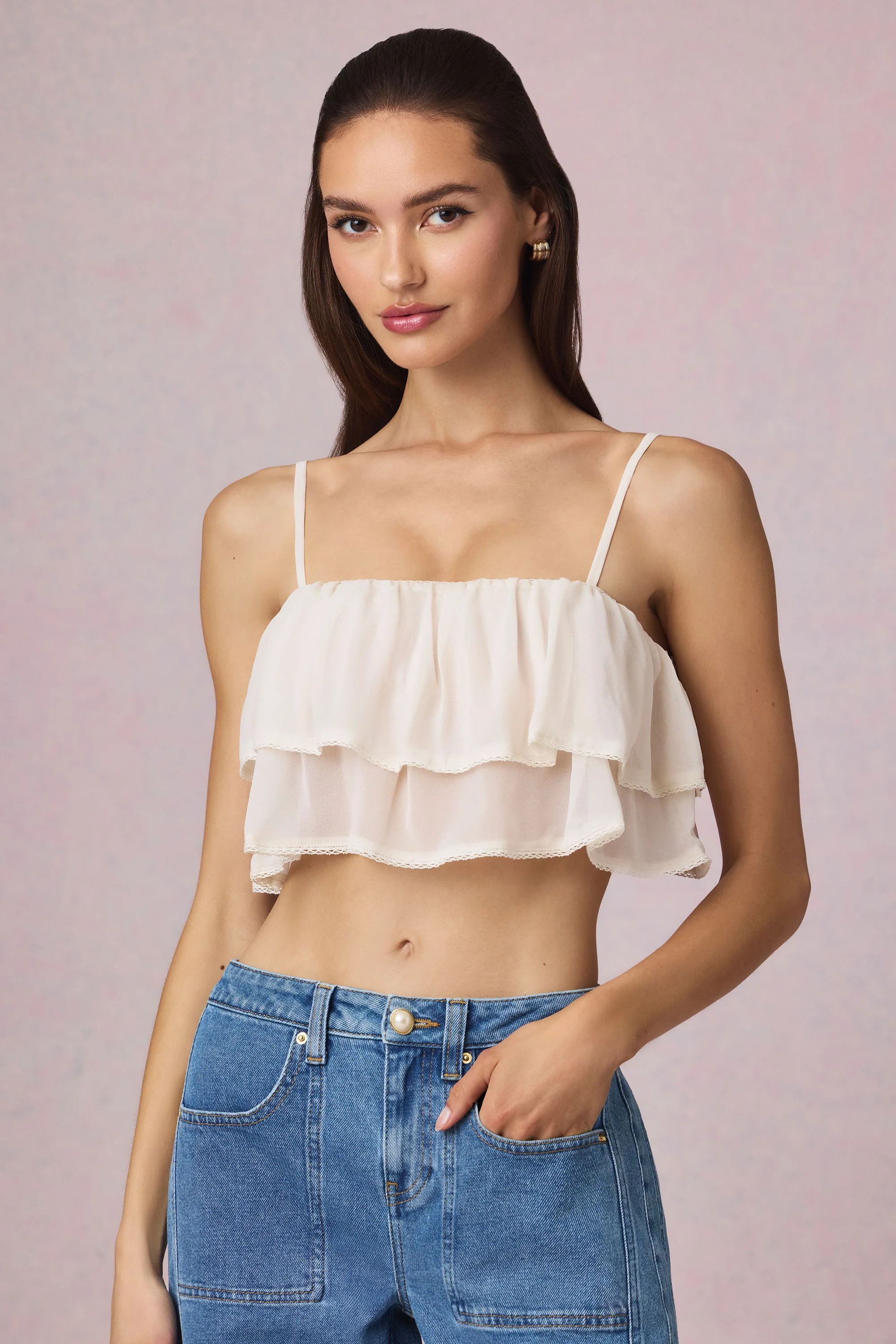 Ruffled Cropped Camisole Top in Ivory - Image 7