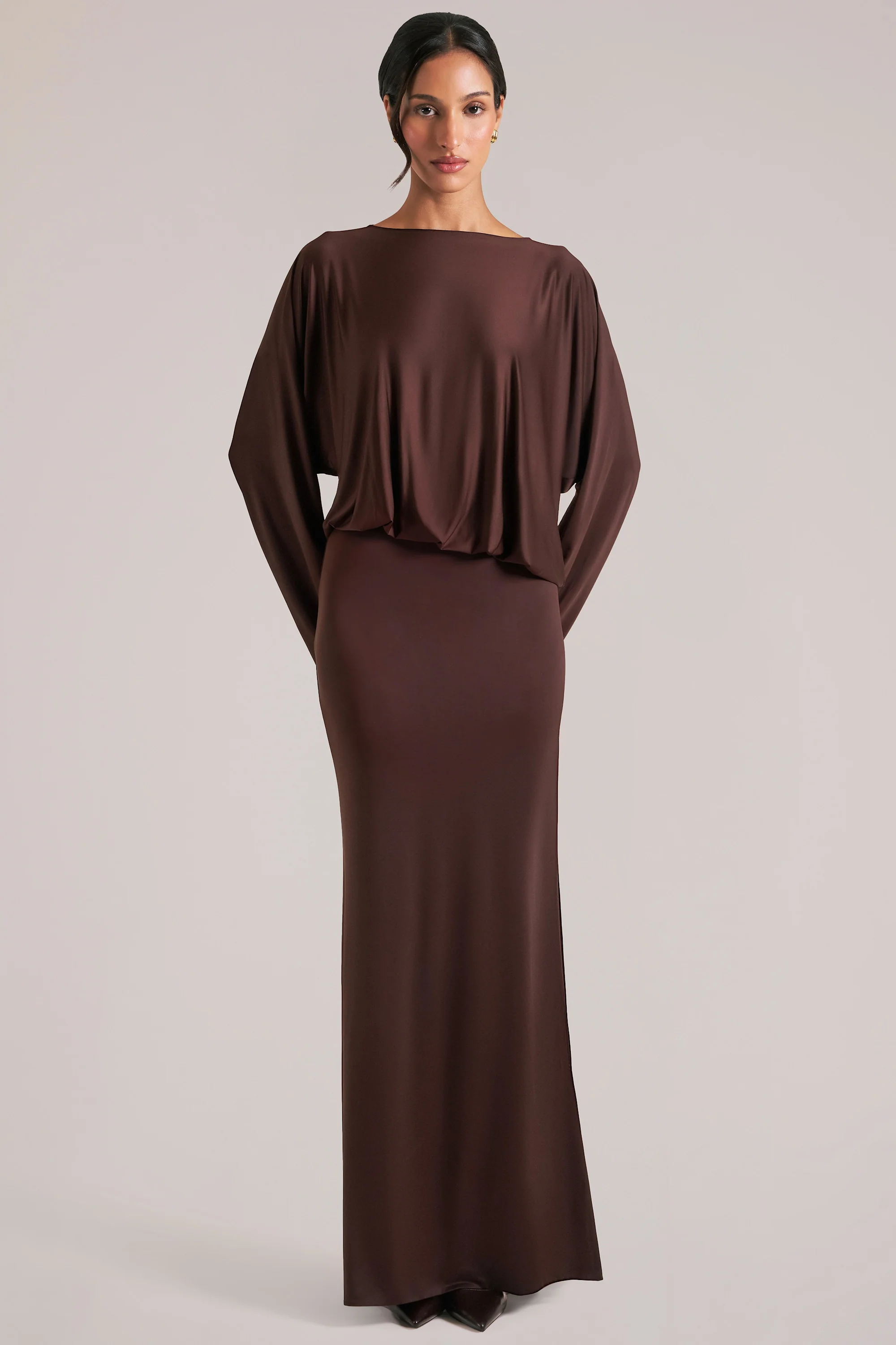 Long-Sleeve Draped Maxi Dress in Chocolate Brown - Image 2