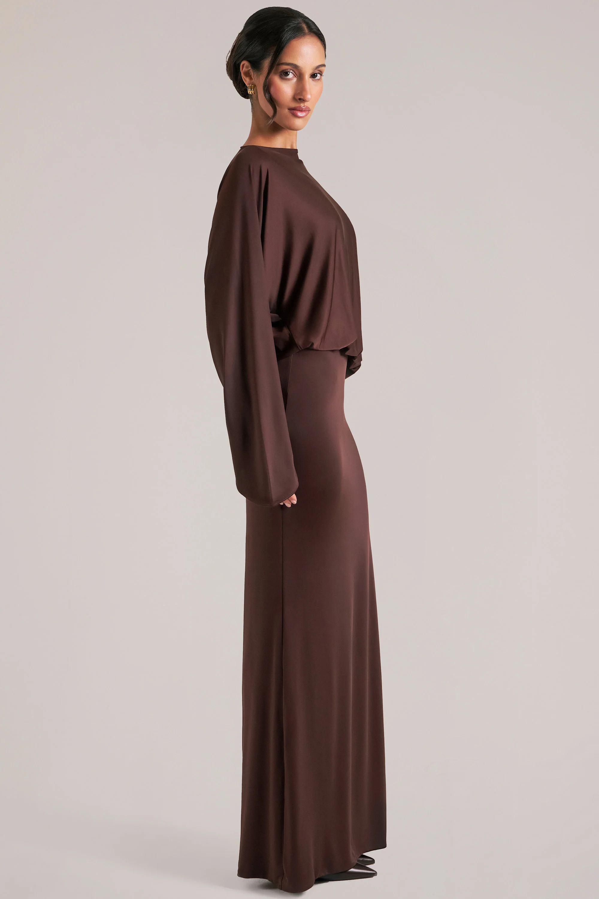Long-Sleeve Draped Maxi Dress in Chocolate Brown - Image 3