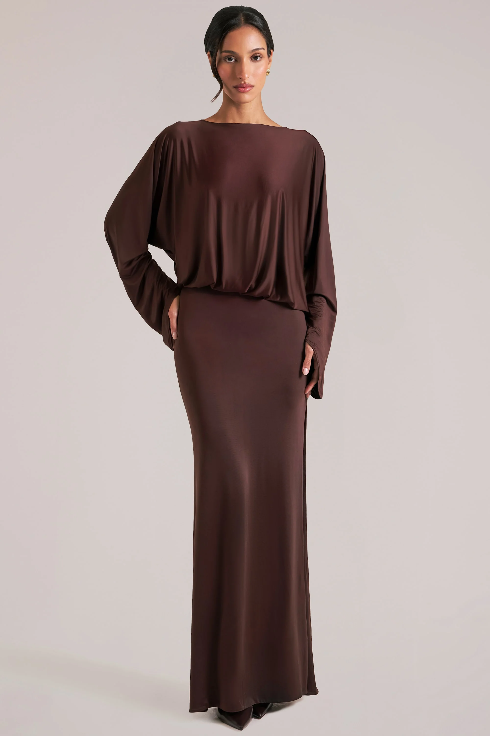 Long-Sleeve Draped Maxi Dress in Chocolate Brown - Image 5