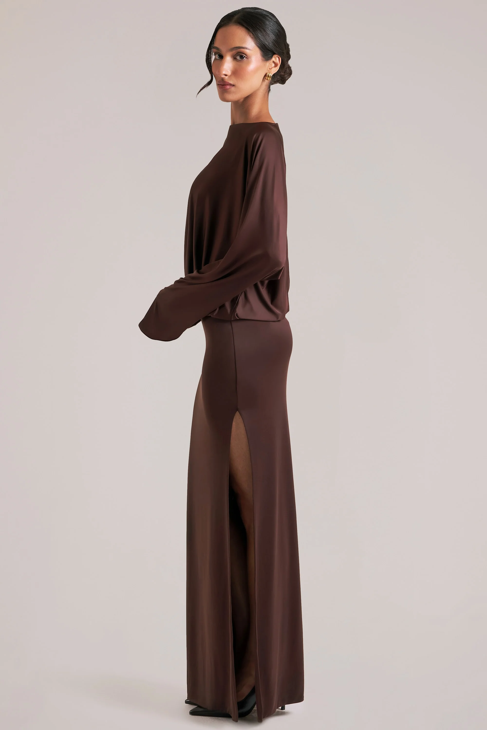 Long-Sleeve Draped Maxi Dress in Chocolate Brown - Image 8