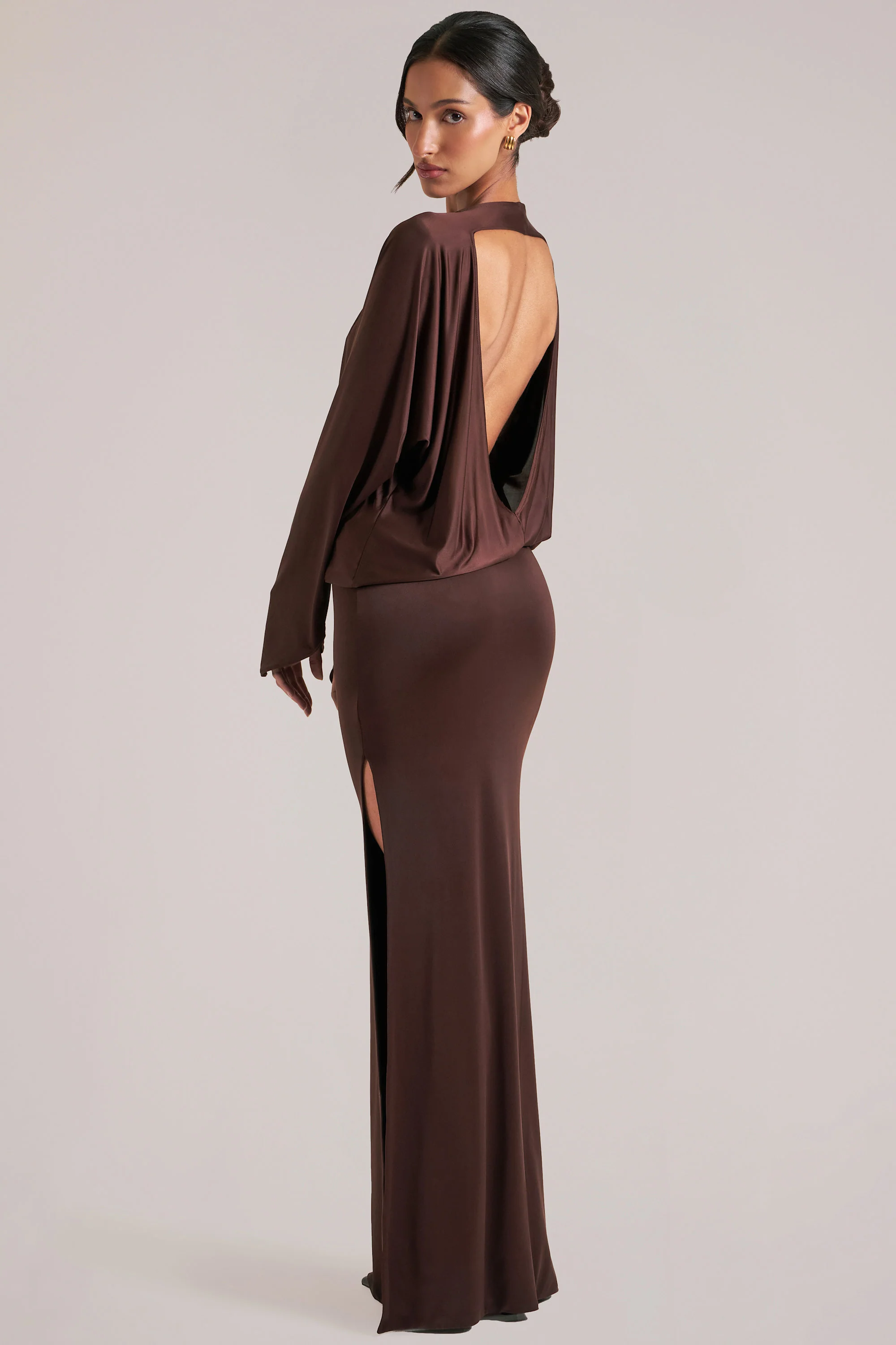 Long-Sleeve Draped Maxi Dress in Chocolate Brown - Image 9