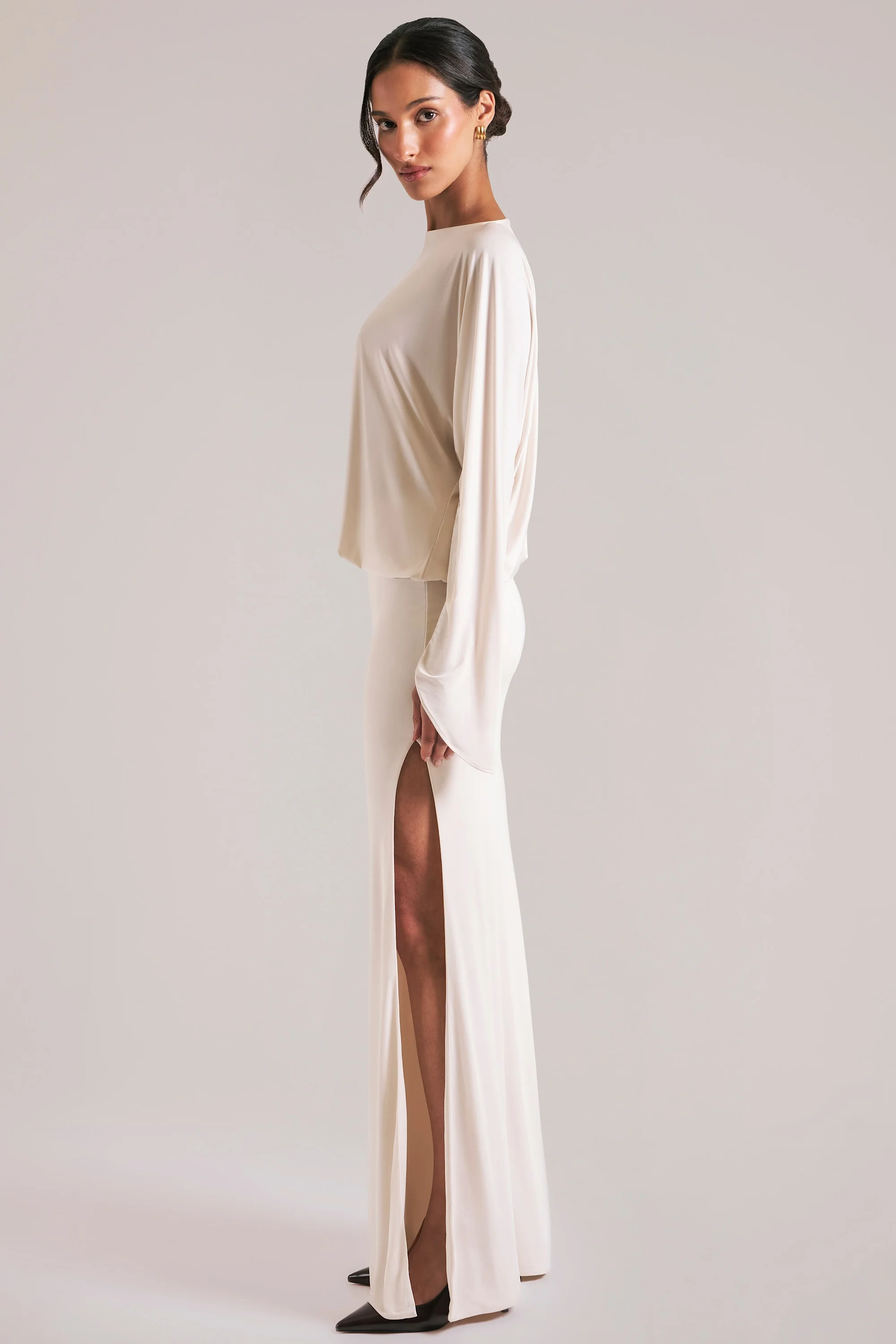 Long-Sleeve Draped Maxi Dress in Ivory - Image 3