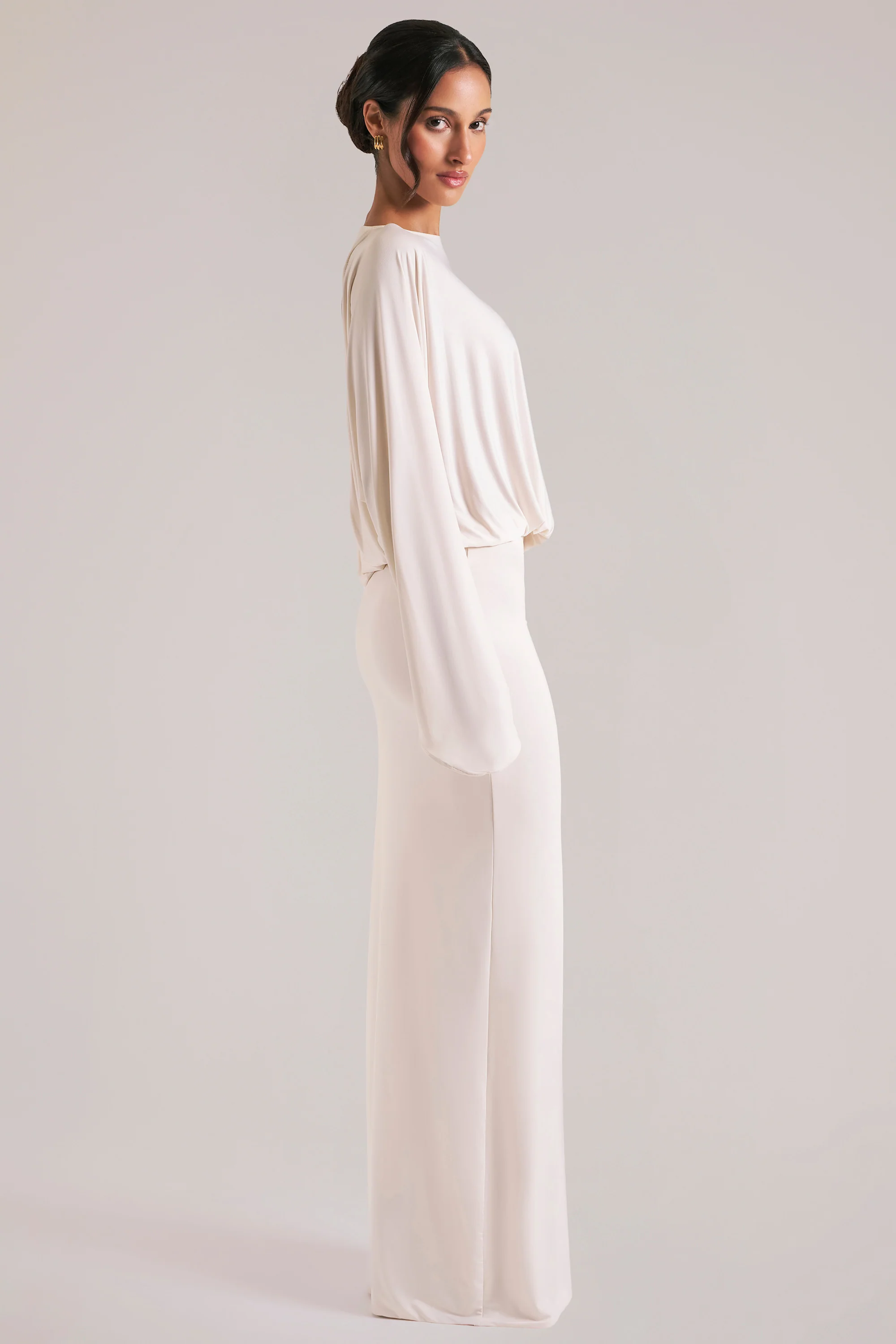 Long-Sleeve Draped Maxi Dress in Ivory - Image 4