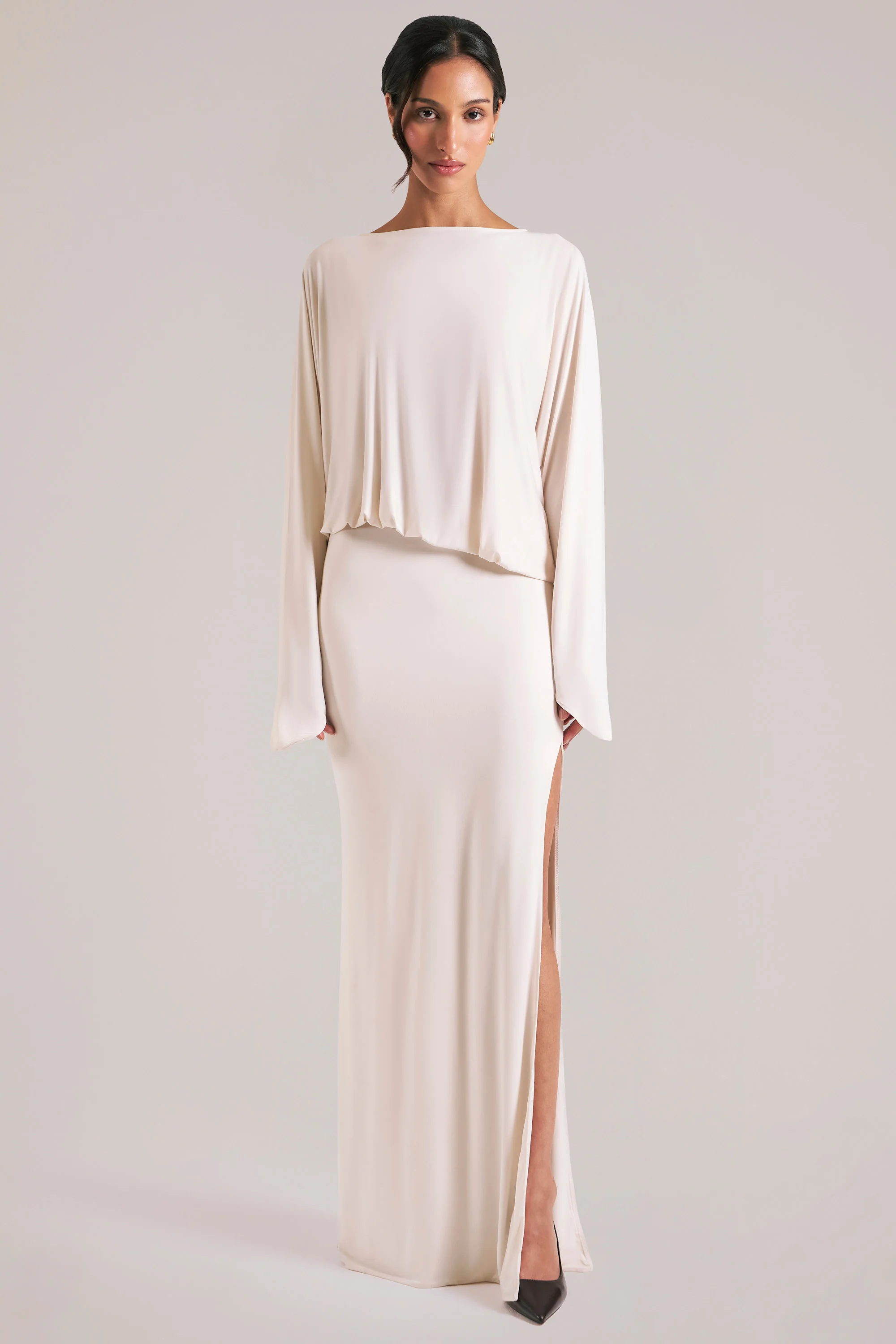 Long-Sleeve Draped Maxi Dress in Ivory - Image 6
