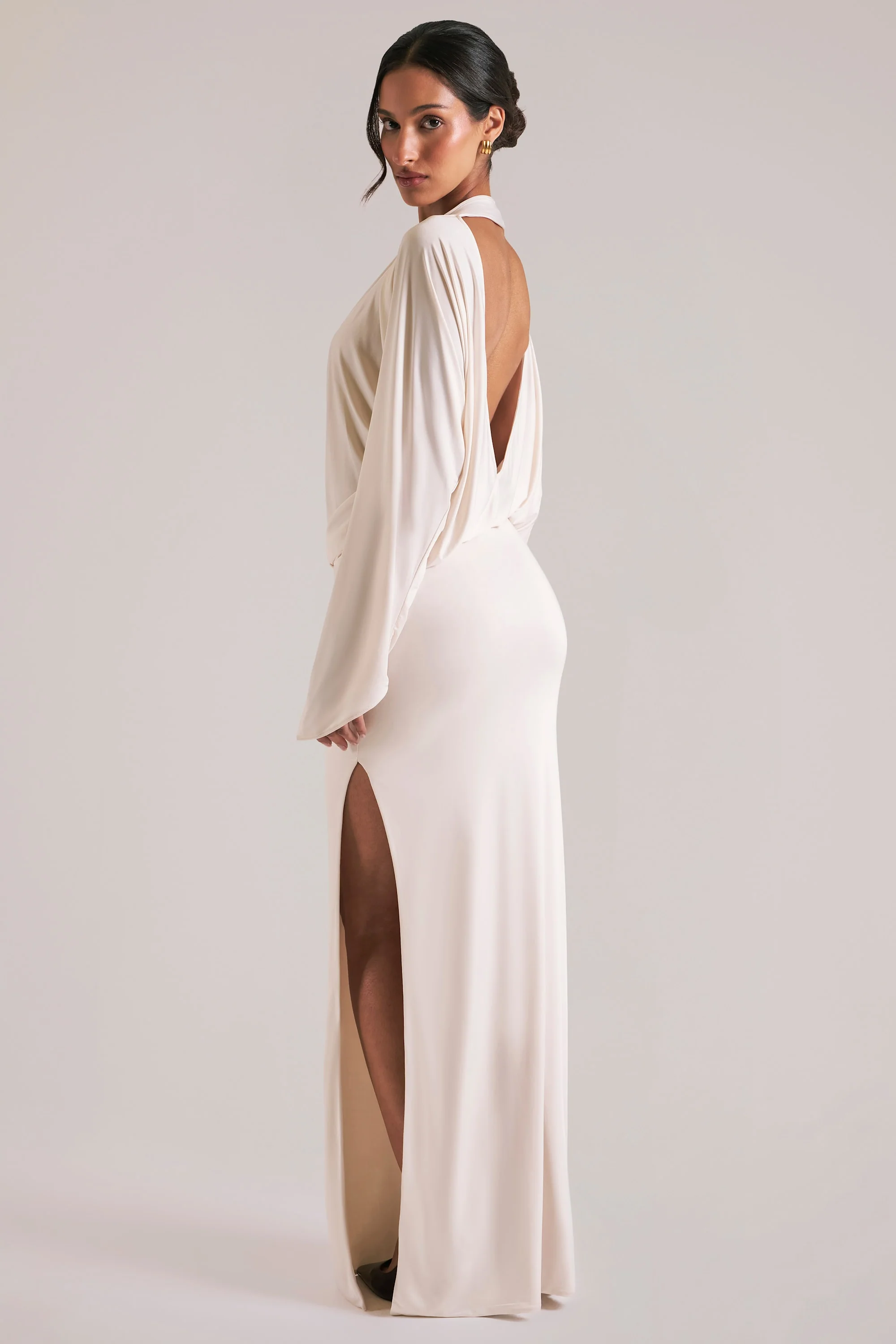 Long-Sleeve Draped Maxi Dress in Ivory - Image 7
