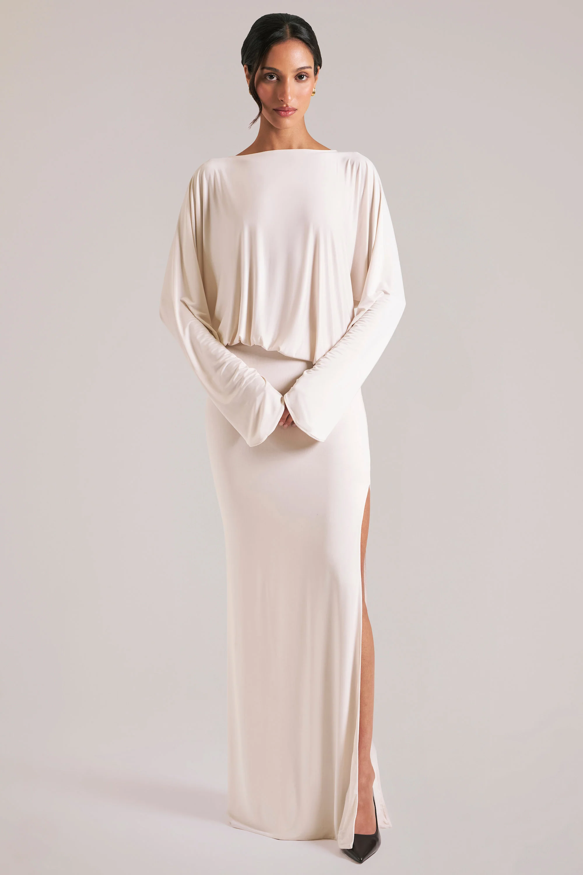 Long-Sleeve Draped Maxi Dress in Ivory - Image 8