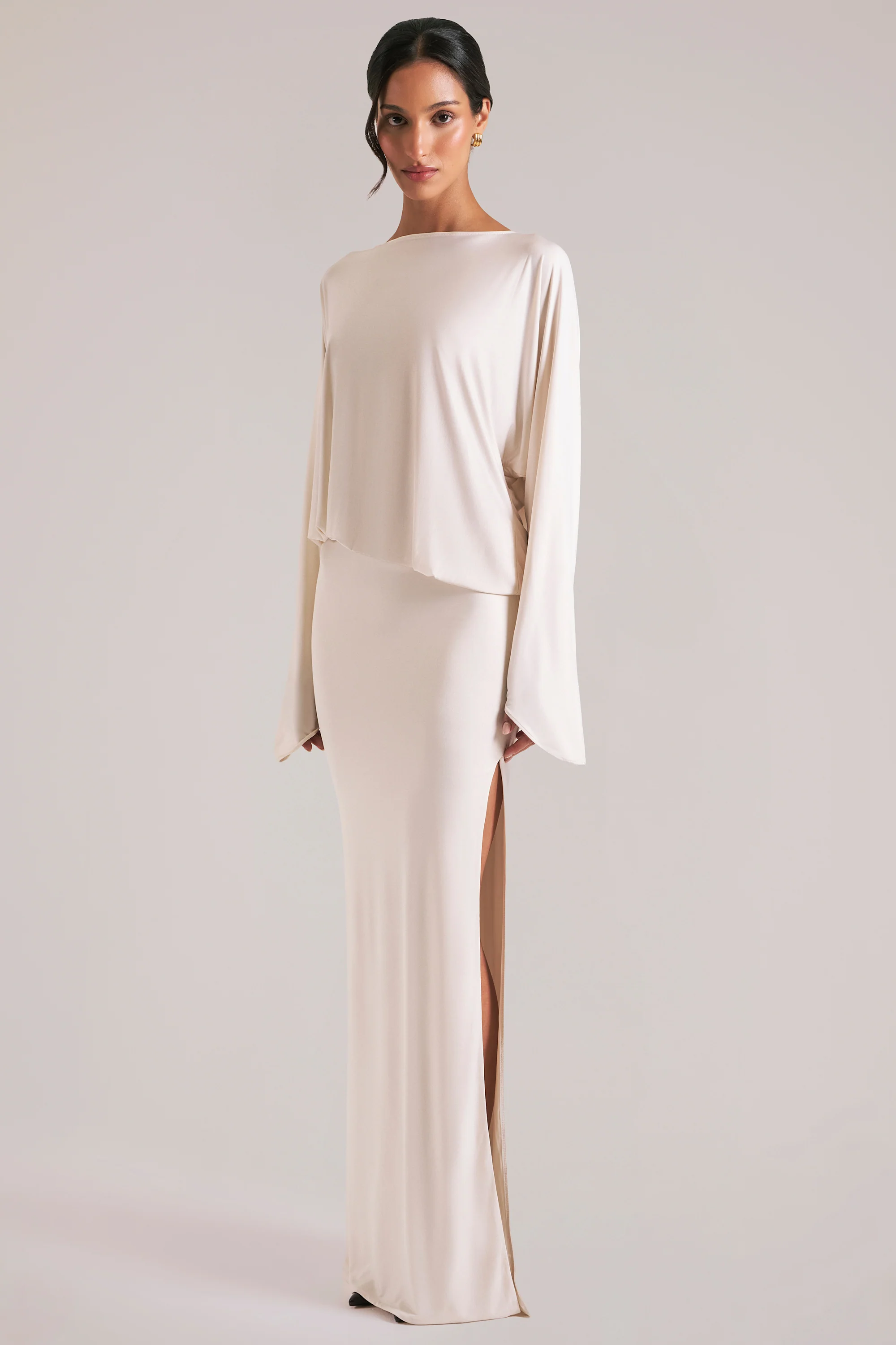 Long-Sleeve Draped Maxi Dress in Ivory - Image 9