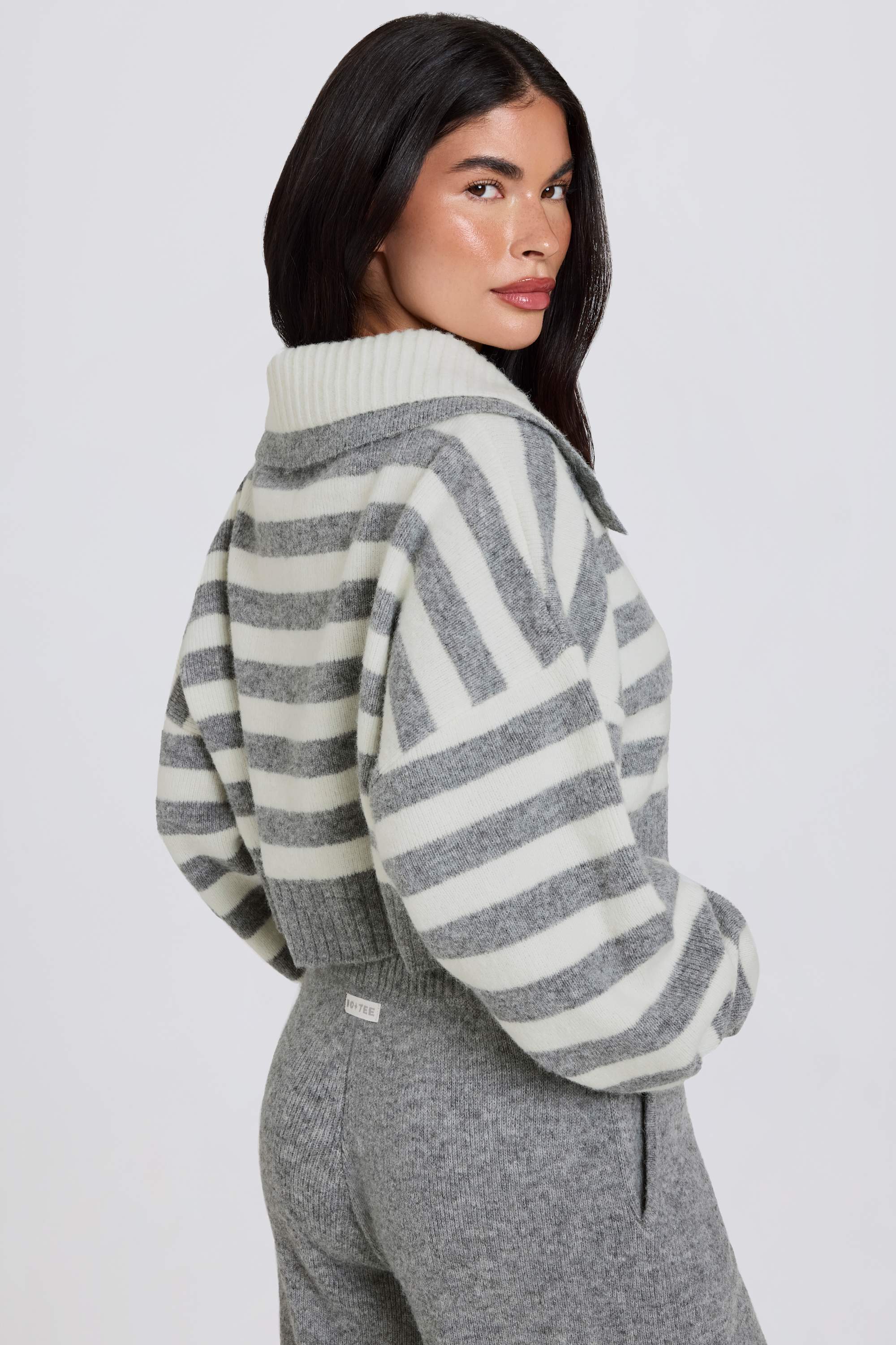 Soft Knit Layered Collar Cropped Jumper in Grey Stripe - Image 2