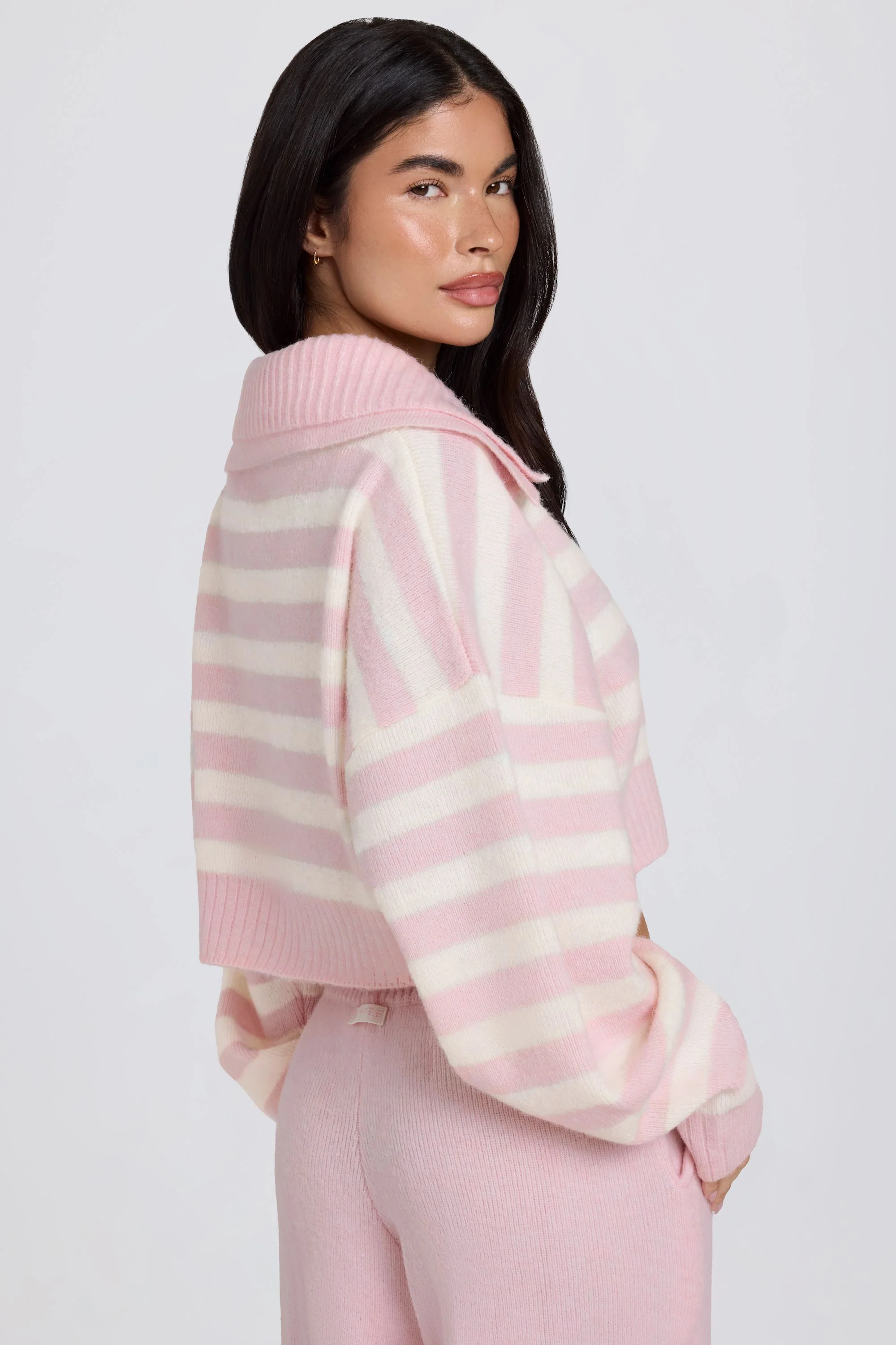 Soft Knit Layered Collar Cropped Jumper in Pink Stripe - Image 2