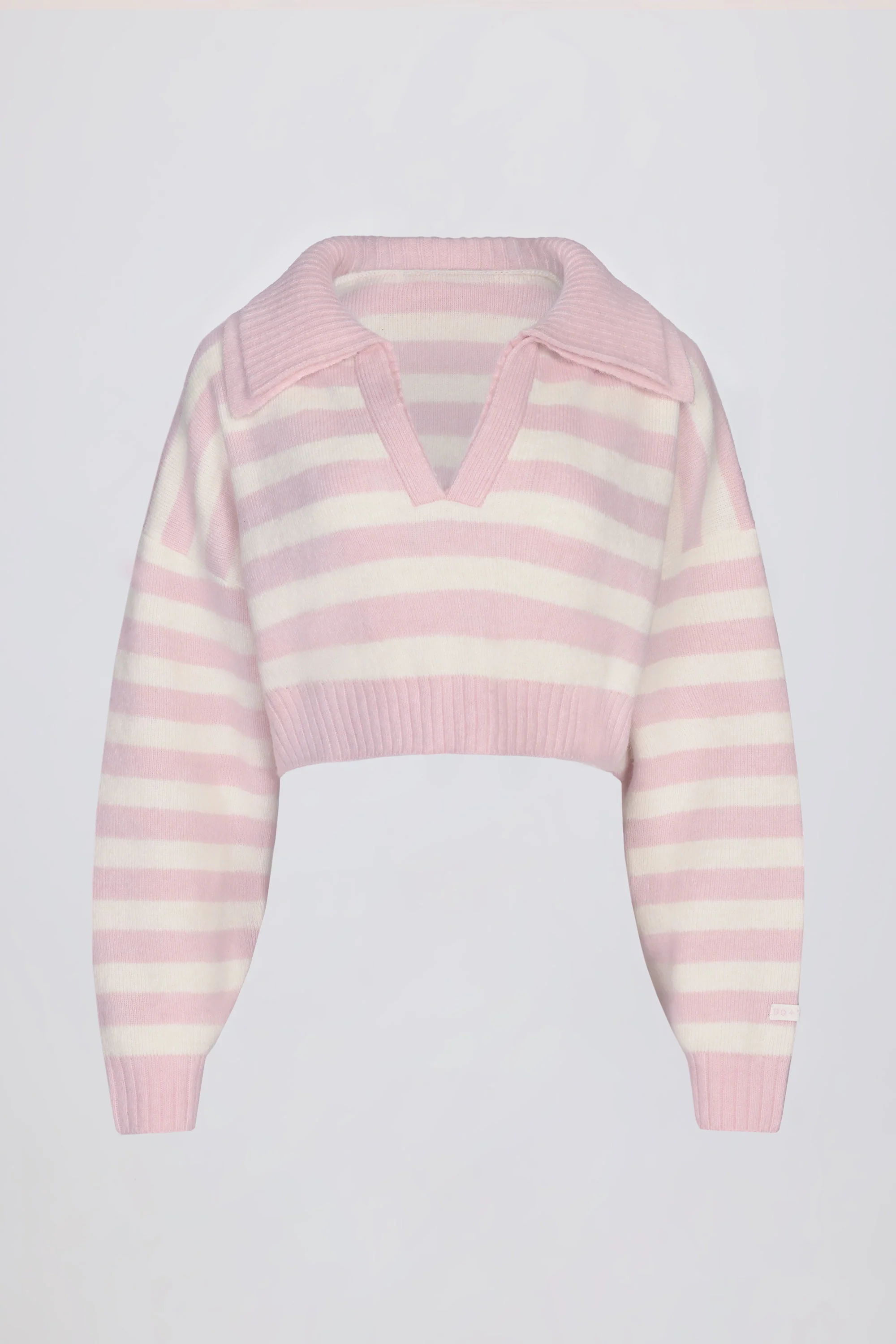 Soft Knit Layered Collar Cropped Jumper in Pink Stripe - Image 3